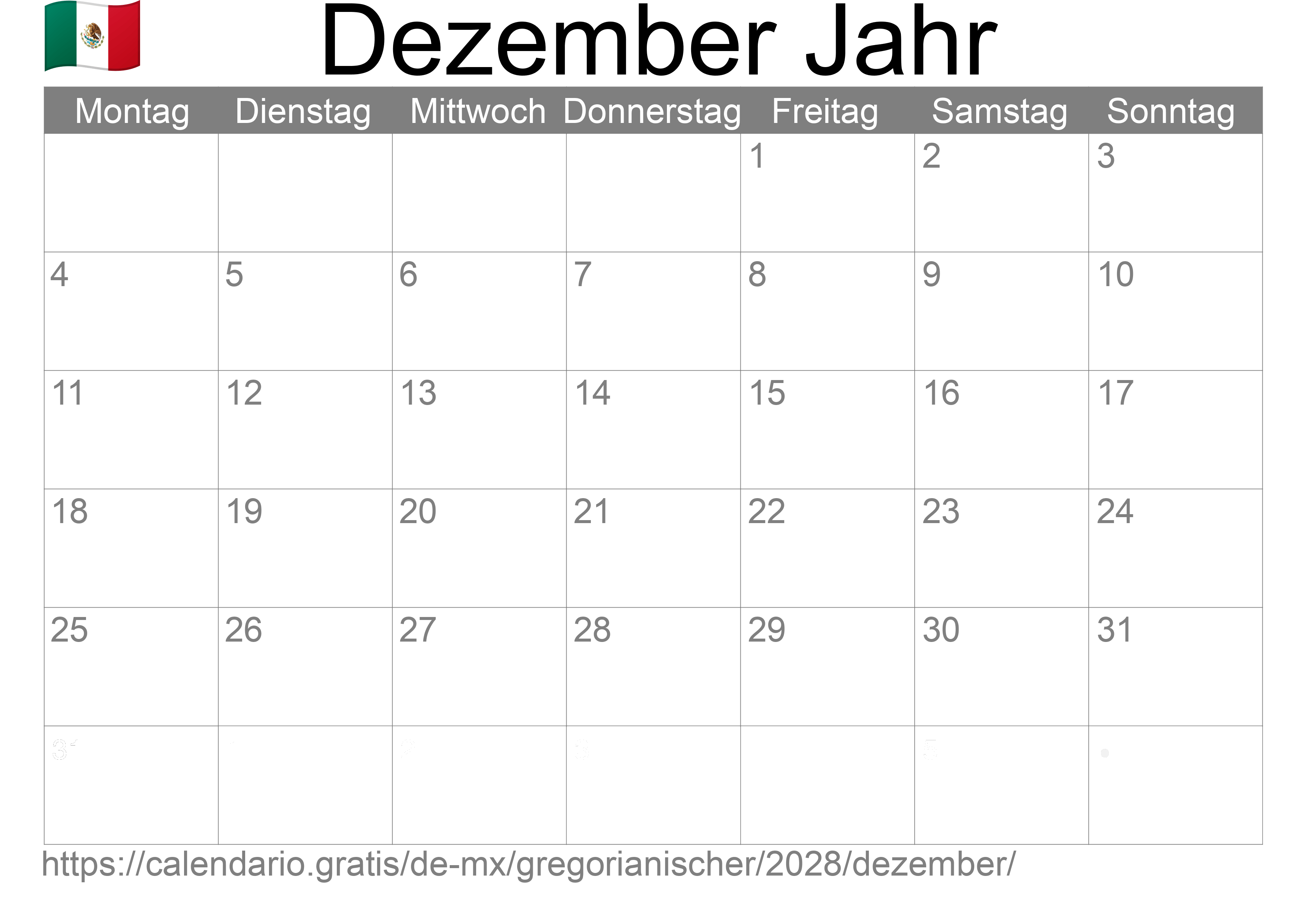 Kalender Dezember 2028 zum Ausdrucken