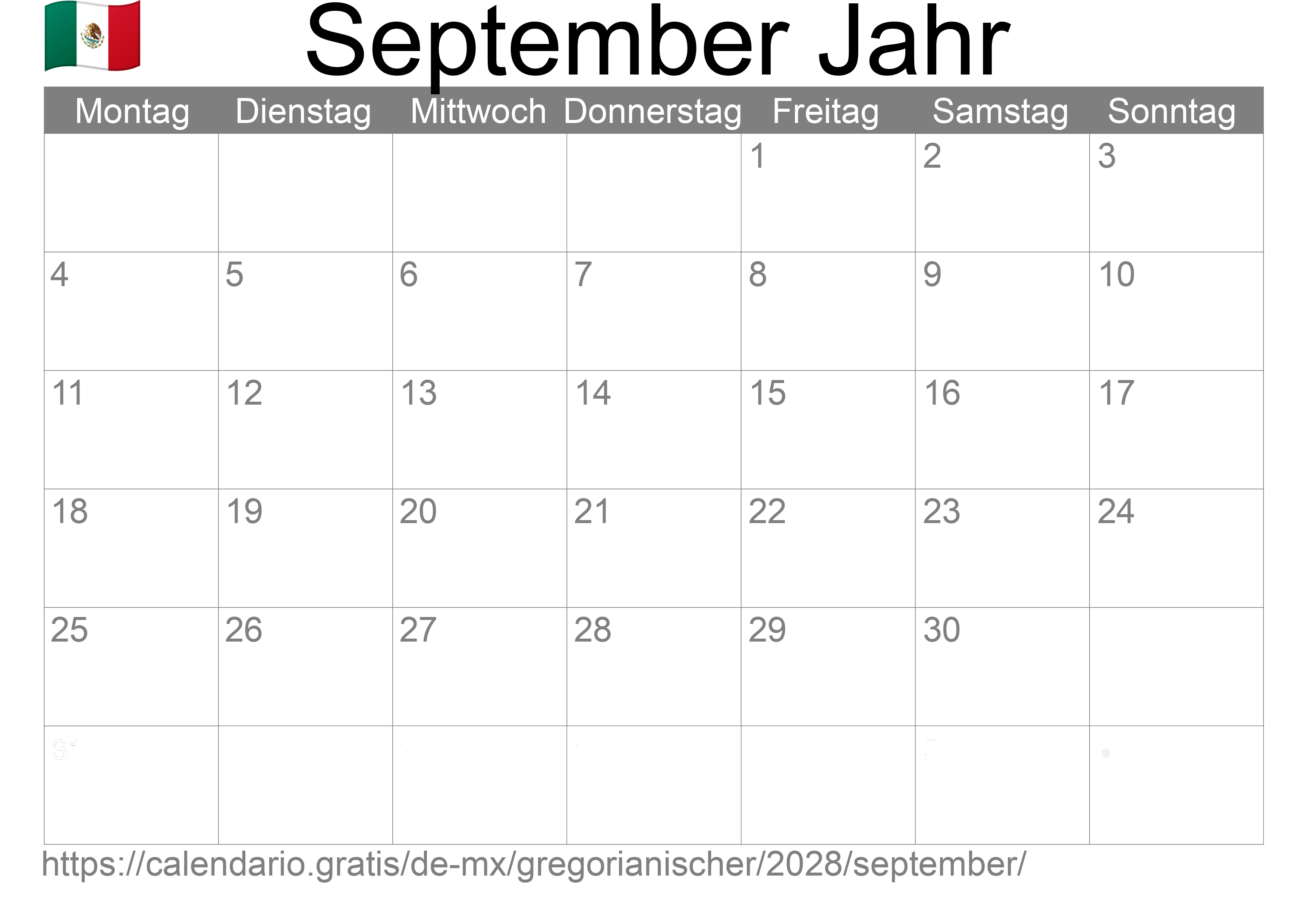 Kalender September 2028 zum Ausdrucken