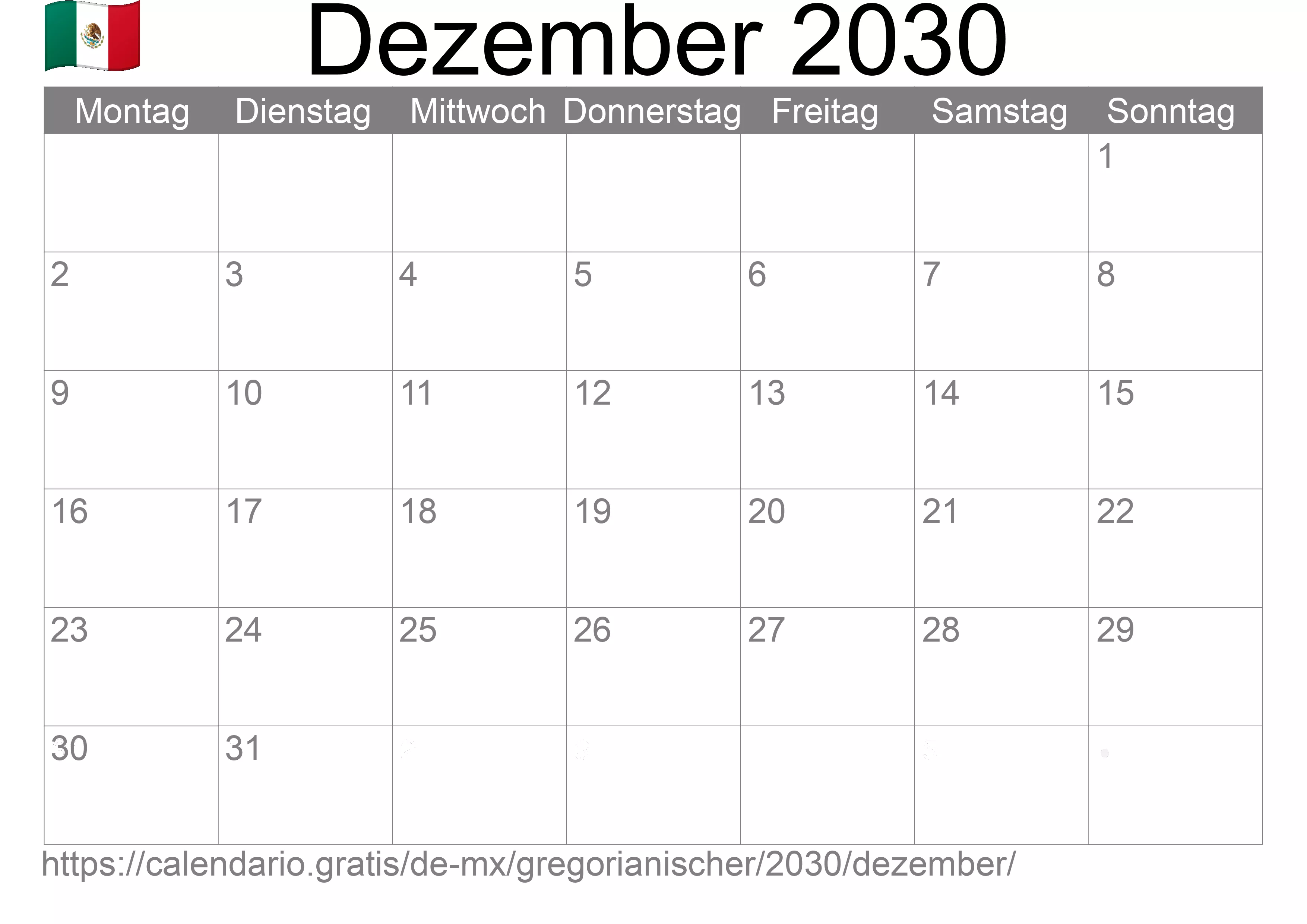 Kalender Dezember 2030 zum Ausdrucken (Mexiko)