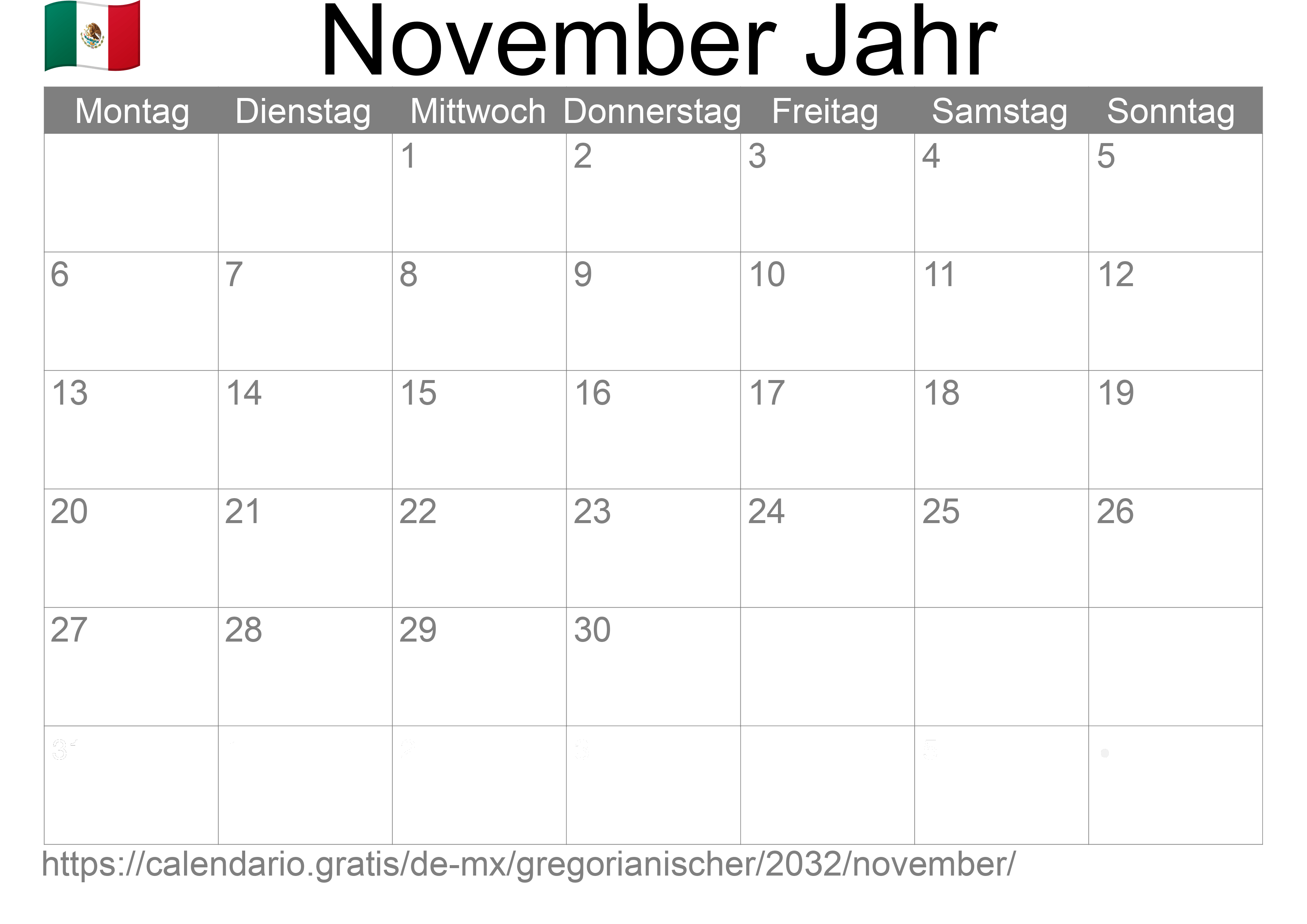 Kalender November 2032 zum Ausdrucken