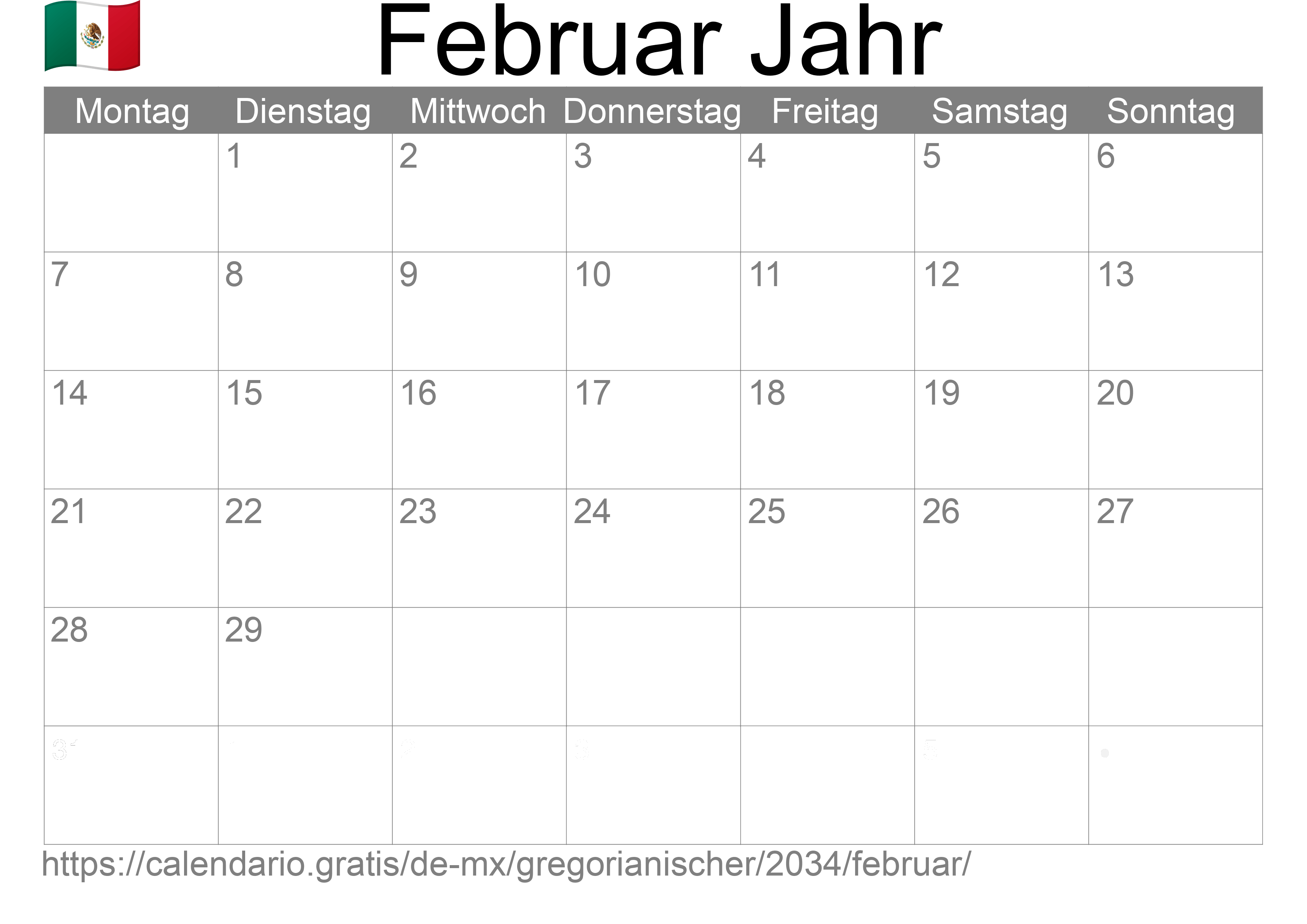 Kalender Februar 2034 zum Ausdrucken