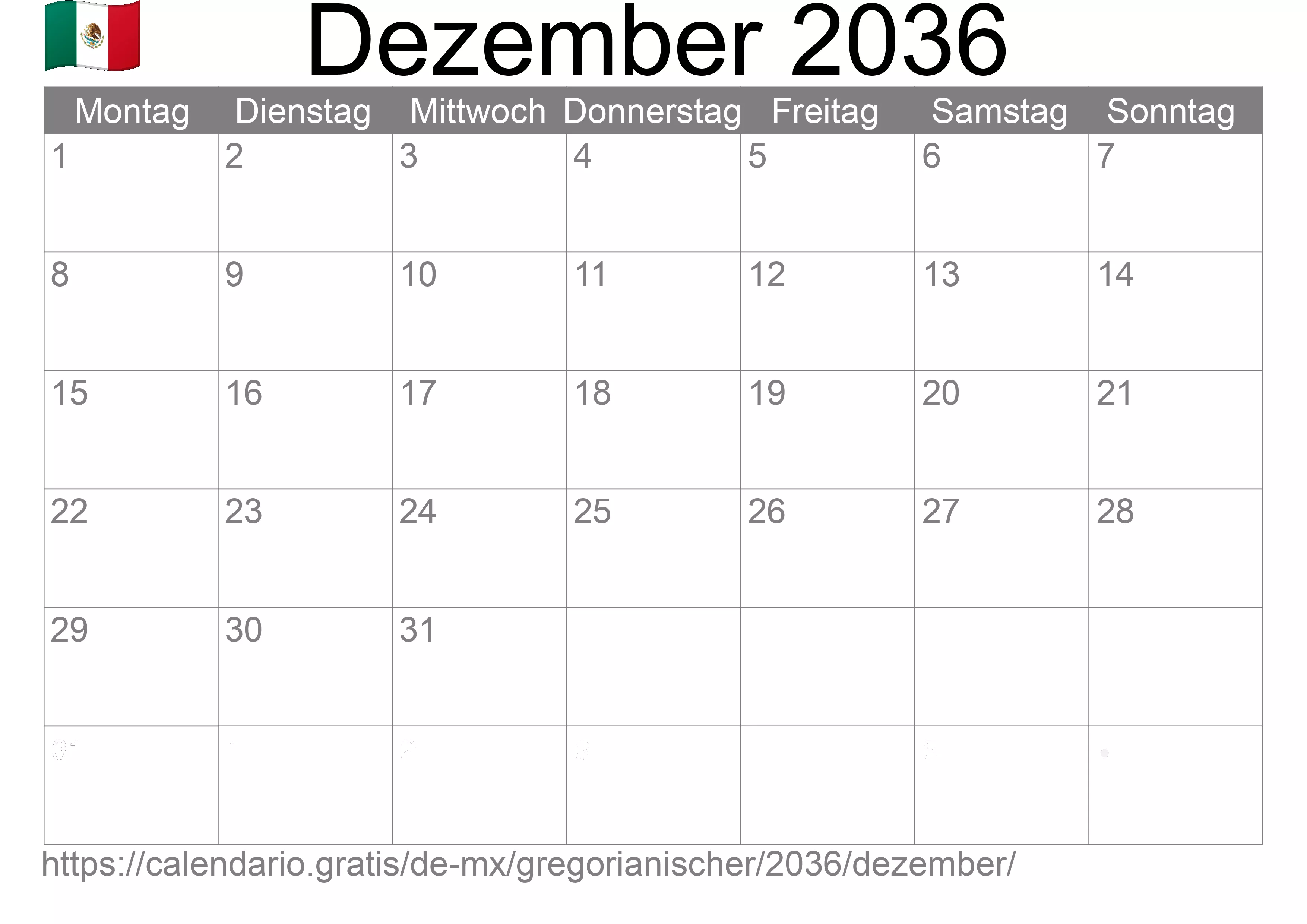 Kalender Dezember 2036 zum Ausdrucken (Mexiko)