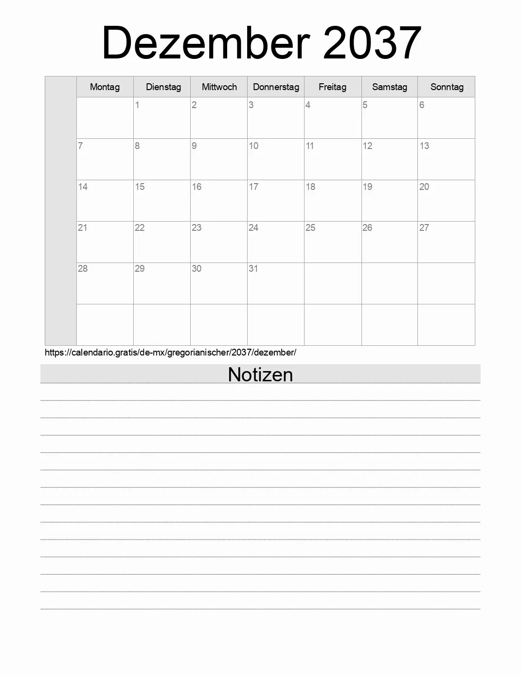 Kalender für Dezember 2037 zum Drucken mit Notizen. (Mexiko)