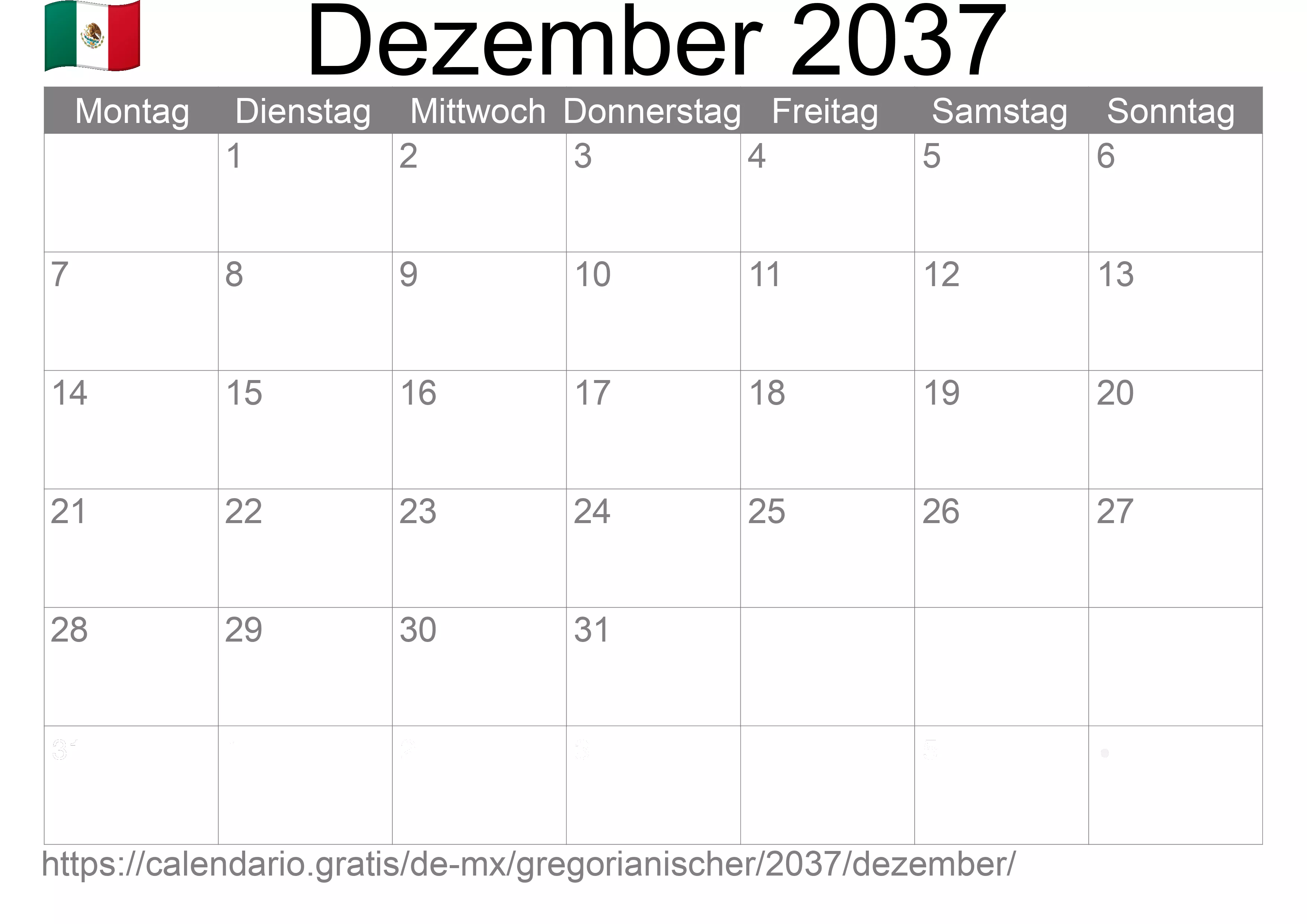 Kalender Dezember 2037 zum Ausdrucken (Mexiko)