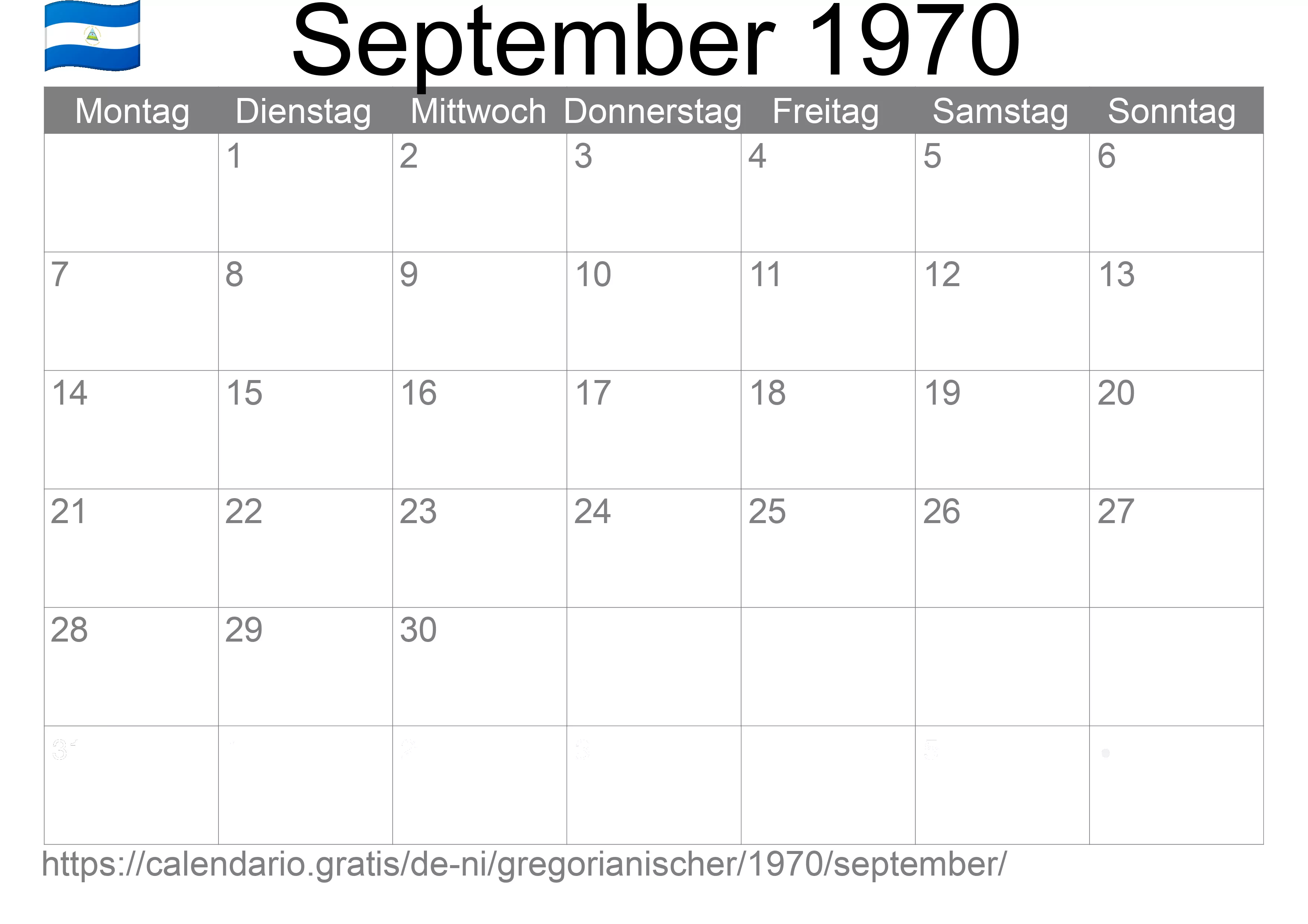 Kalender September 1970 zum Ausdrucken (Nicaragua)