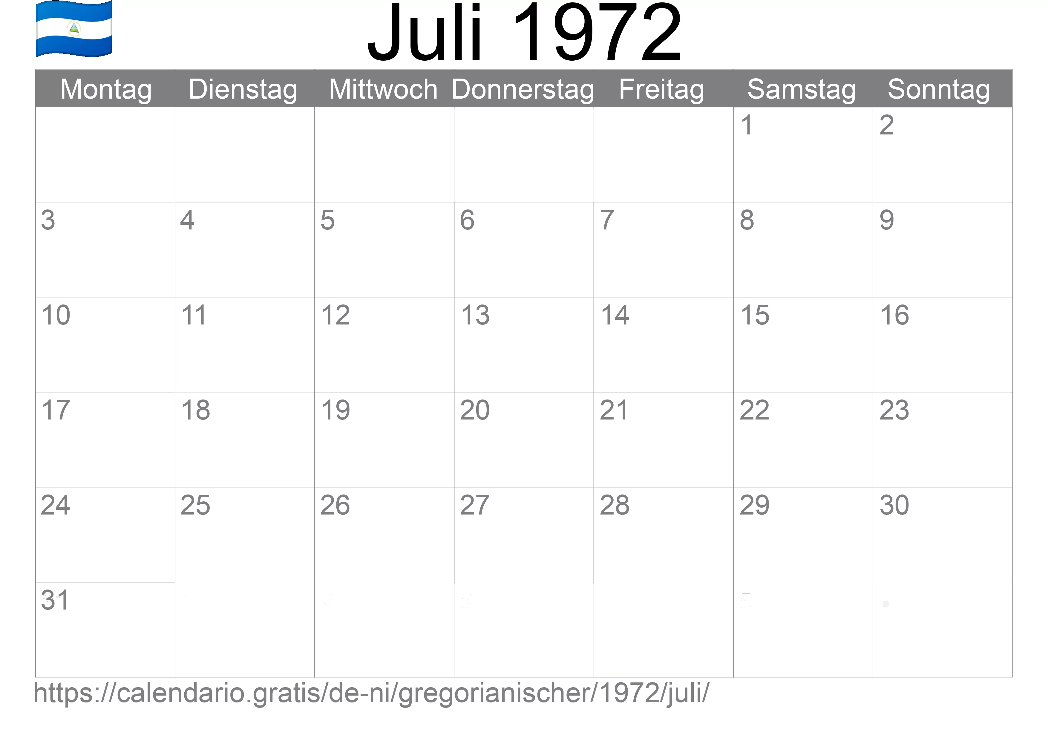 Kalender Juli 1972 zum Ausdrucken (Nicaragua)