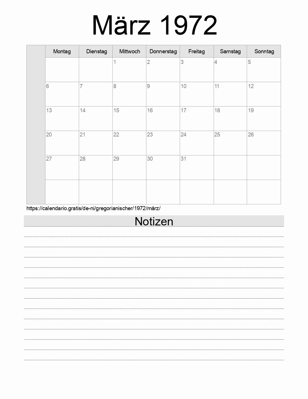 Kalender für März 1972 zum Drucken mit Notizen. (Nicaragua)