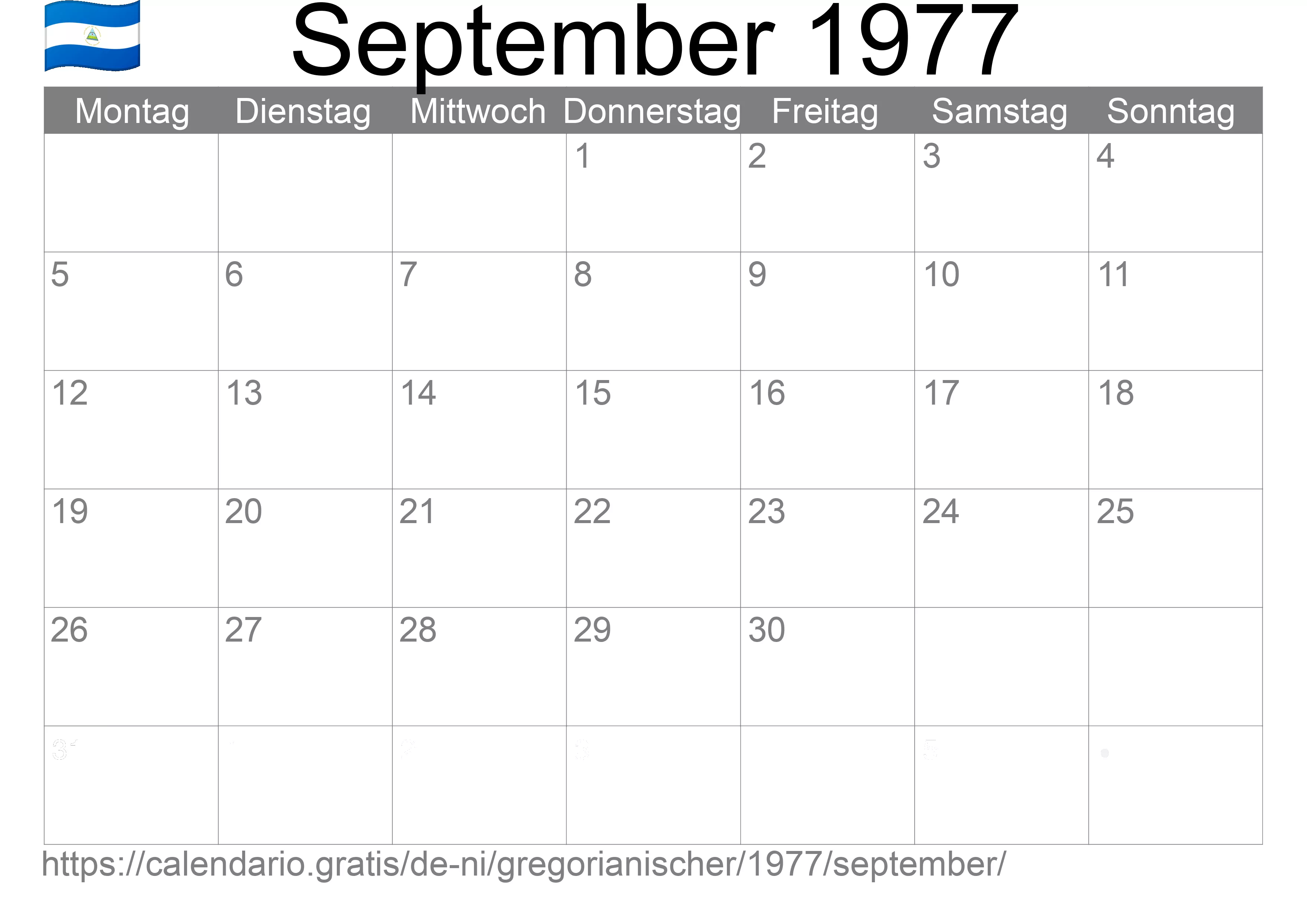 Kalender September 1977 zum Ausdrucken (Nicaragua)