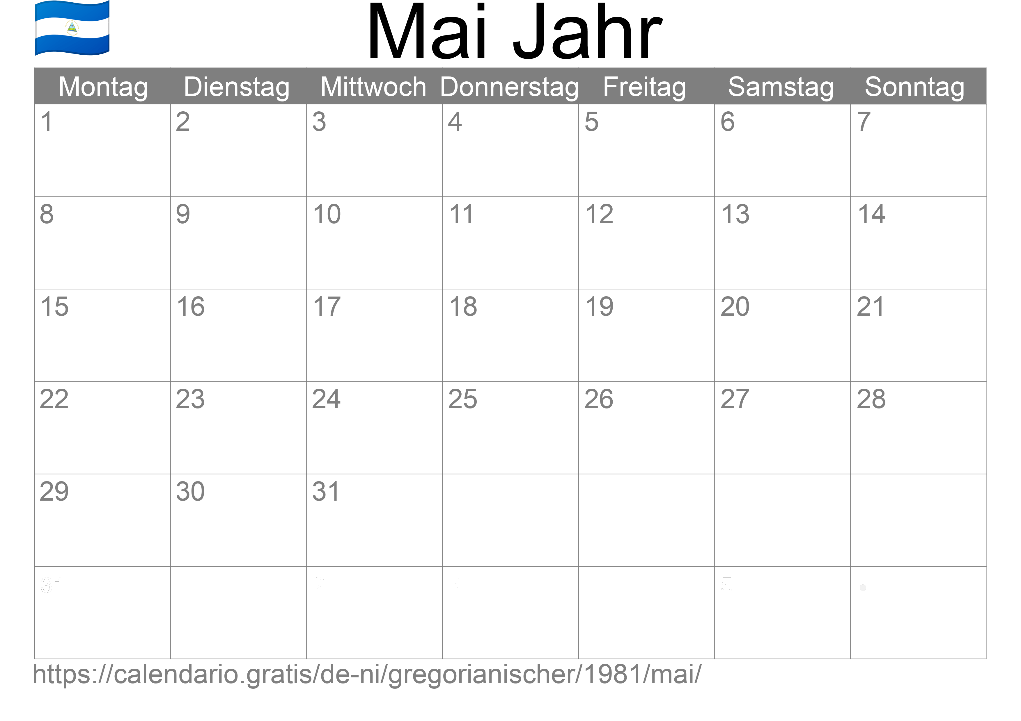 Kalender Mai 1981 zum Ausdrucken