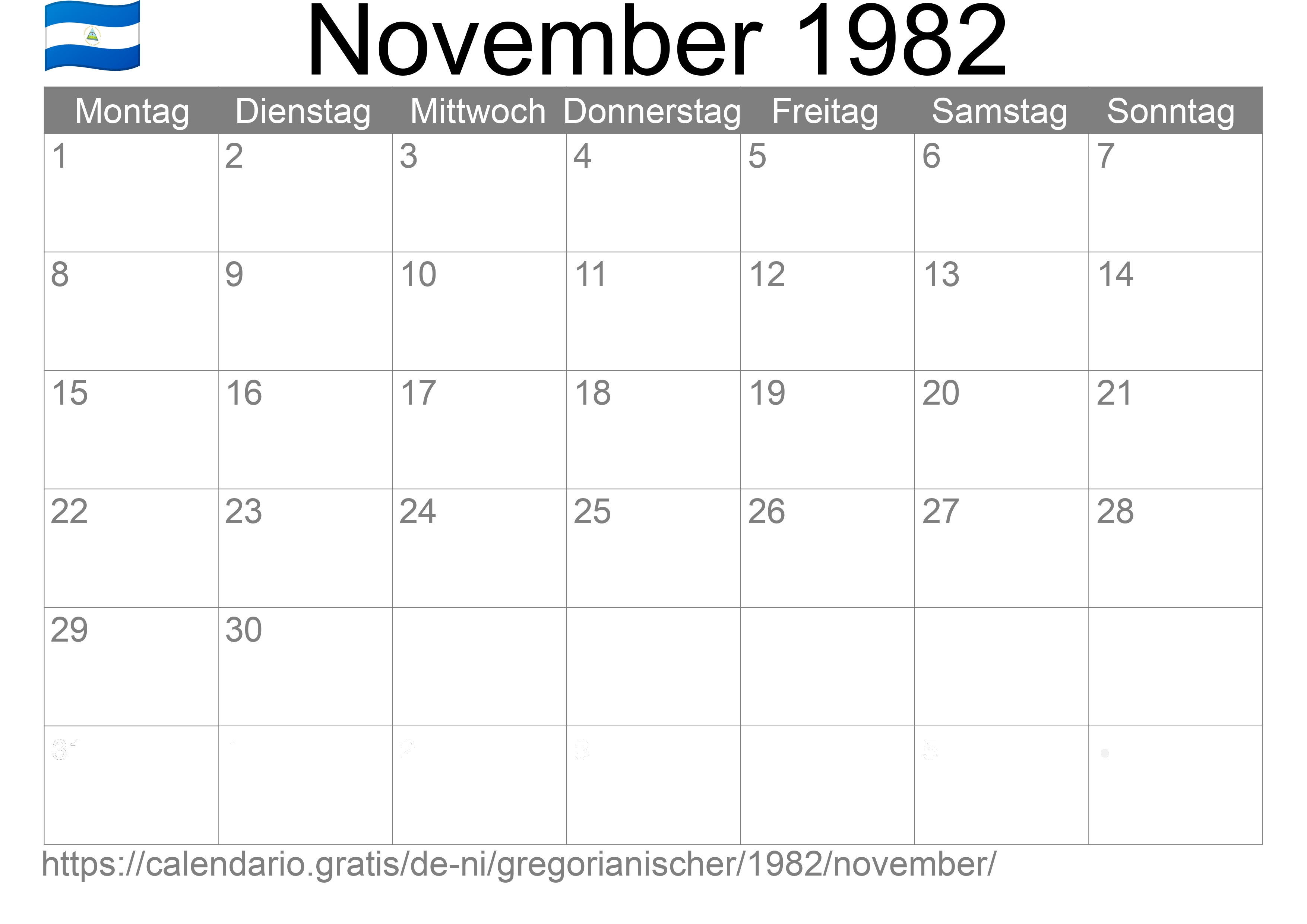 Kalender November 1982 zum Ausdrucken