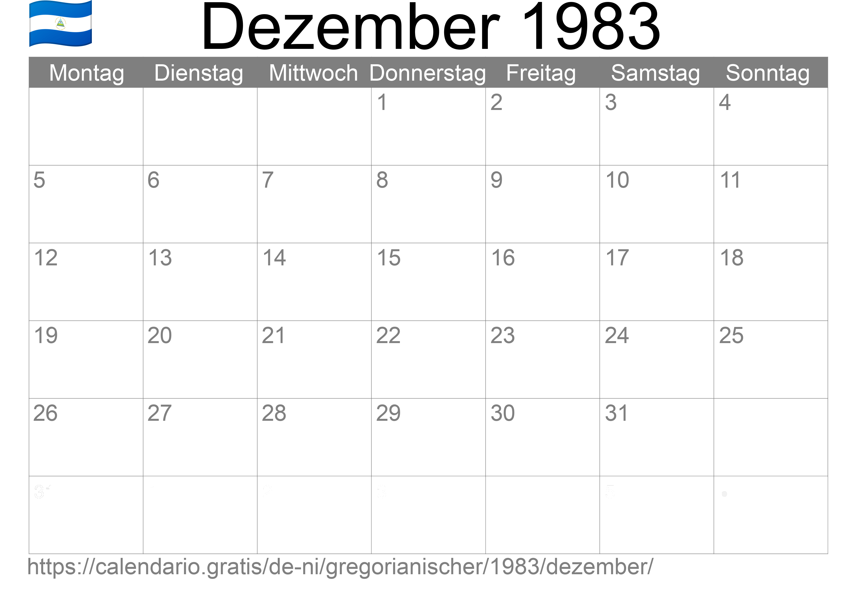 Kalender Dezember 1983 zum Ausdrucken