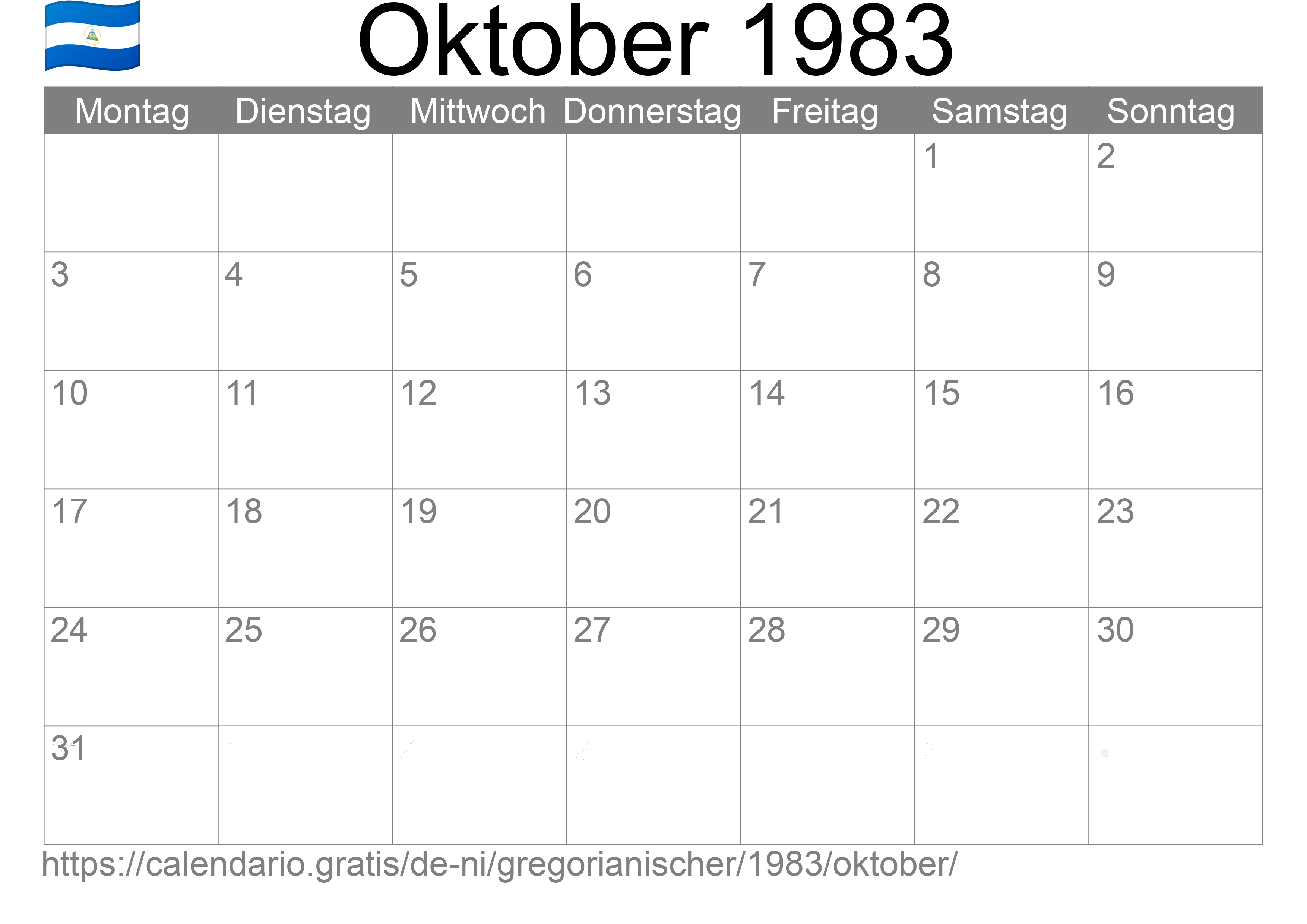 Kalender Oktober 1983 zum Ausdrucken