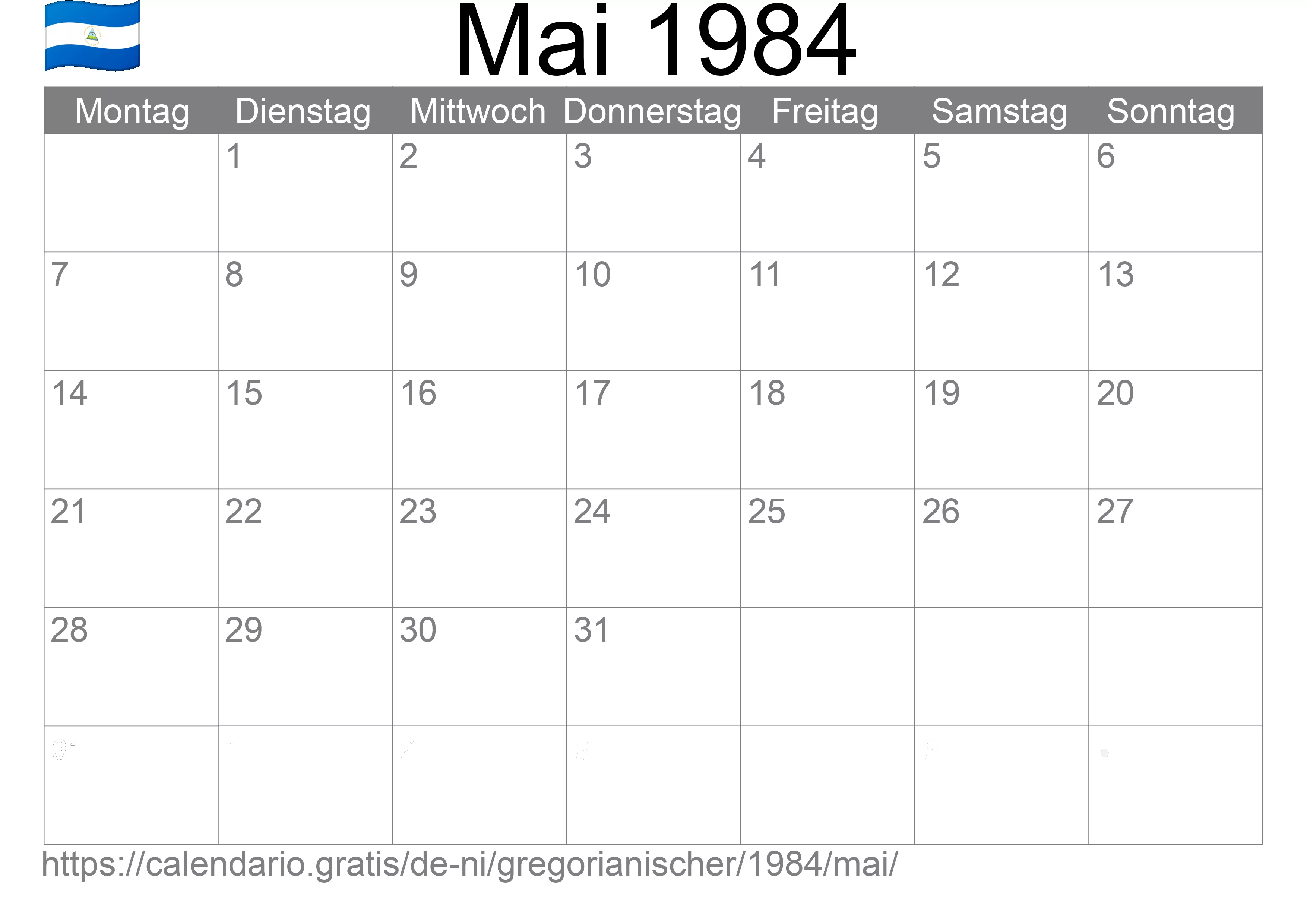 Kalender Mai 1984 zum Ausdrucken (Nicaragua)