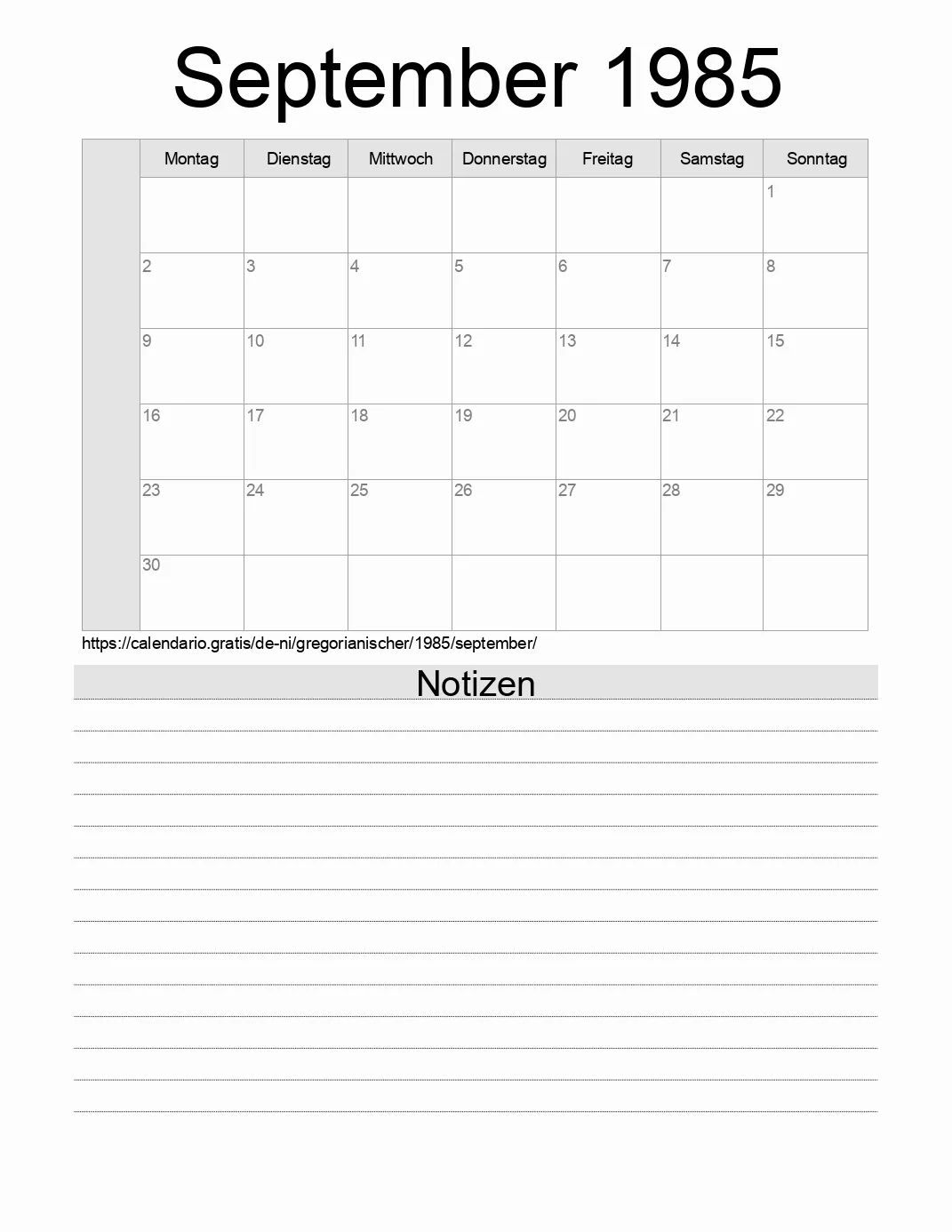 Kalender für September 1985 zum Drucken mit Notizen. (Nicaragua)