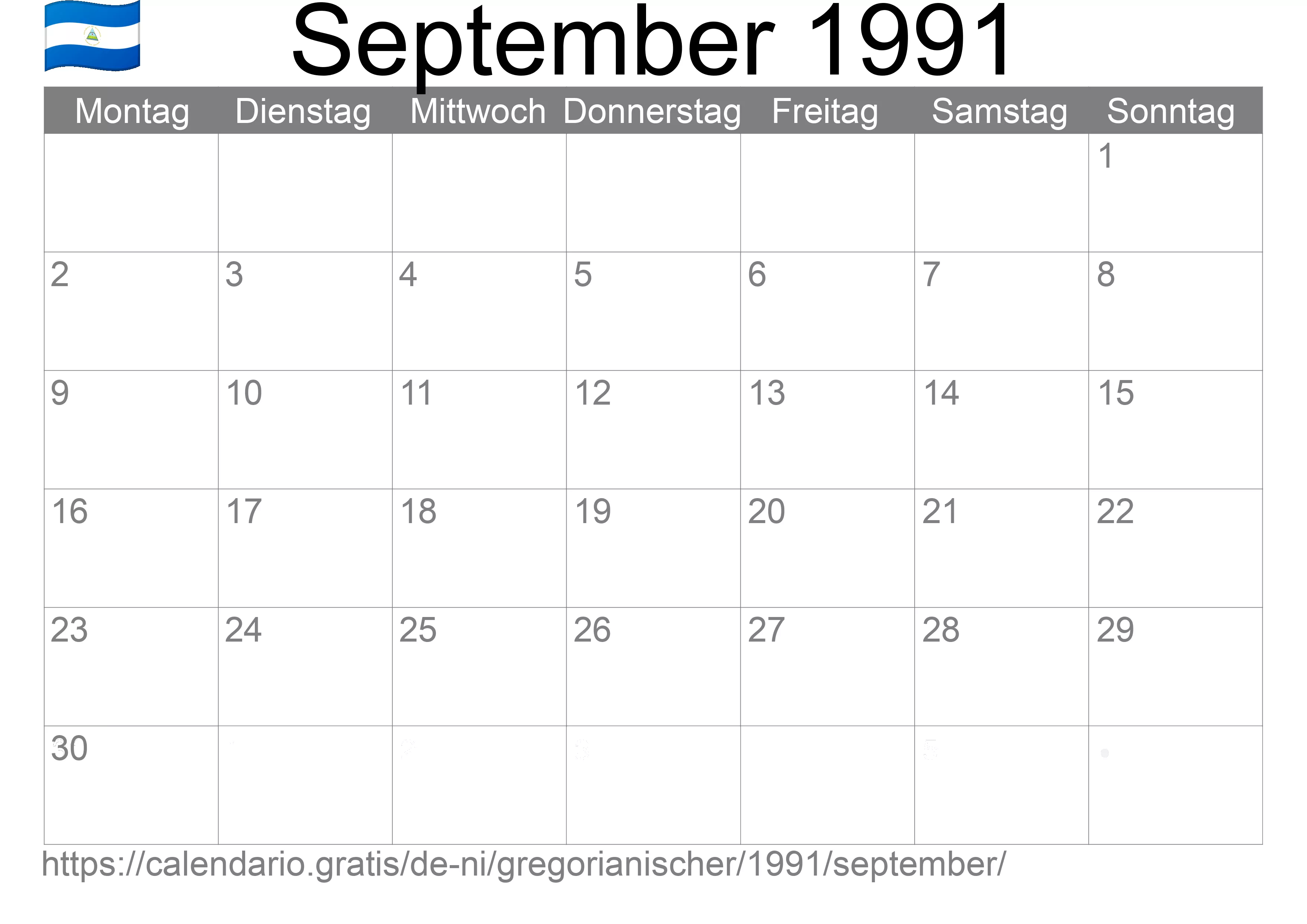 Kalender September 1991 zum Ausdrucken (Nicaragua)
