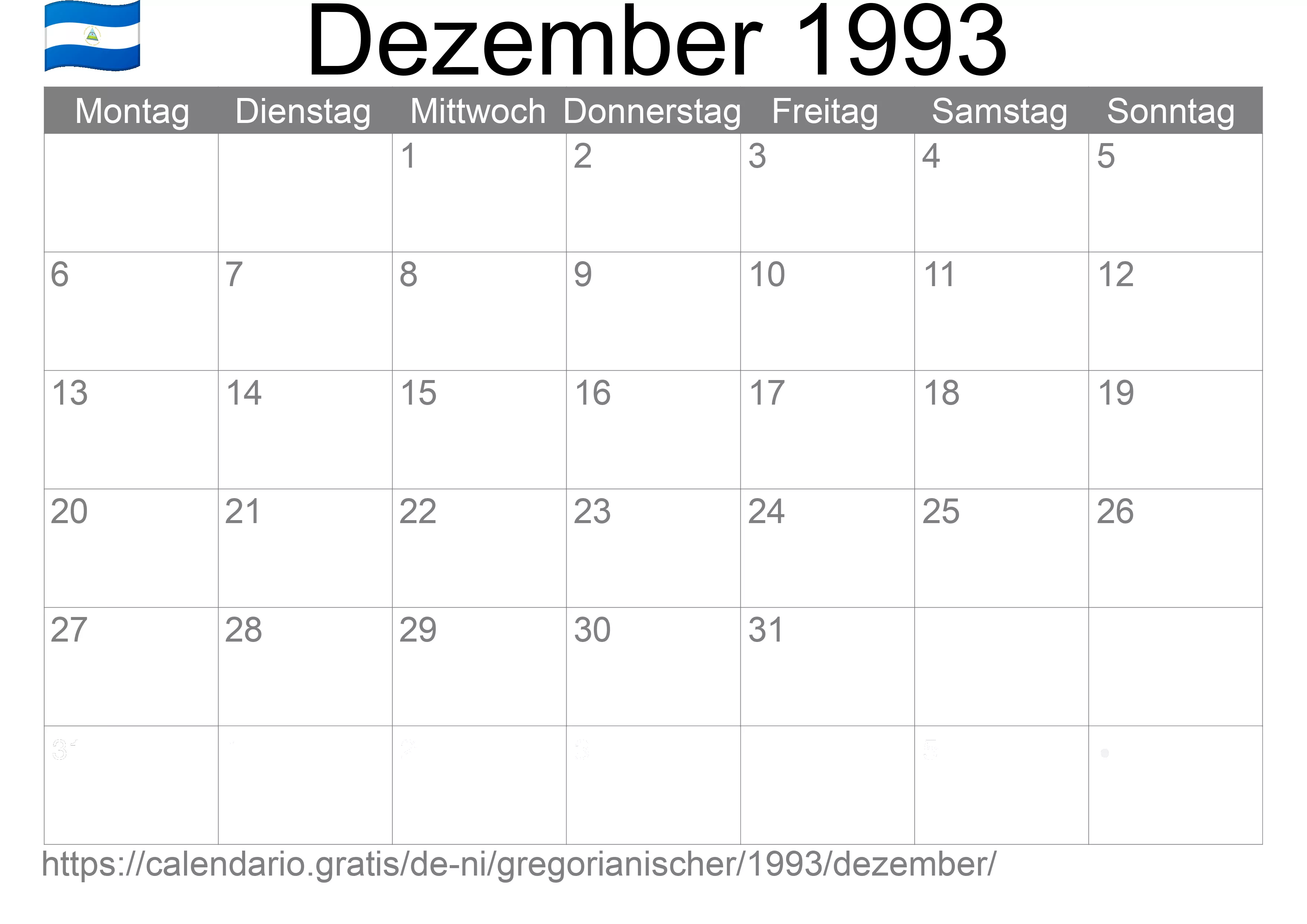 Kalender Dezember 1993 zum Ausdrucken (Nicaragua)