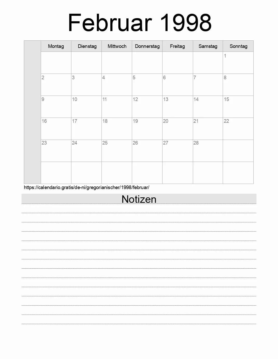 Kalender für Februar 1998 zum Drucken mit Notizen. (Nicaragua)