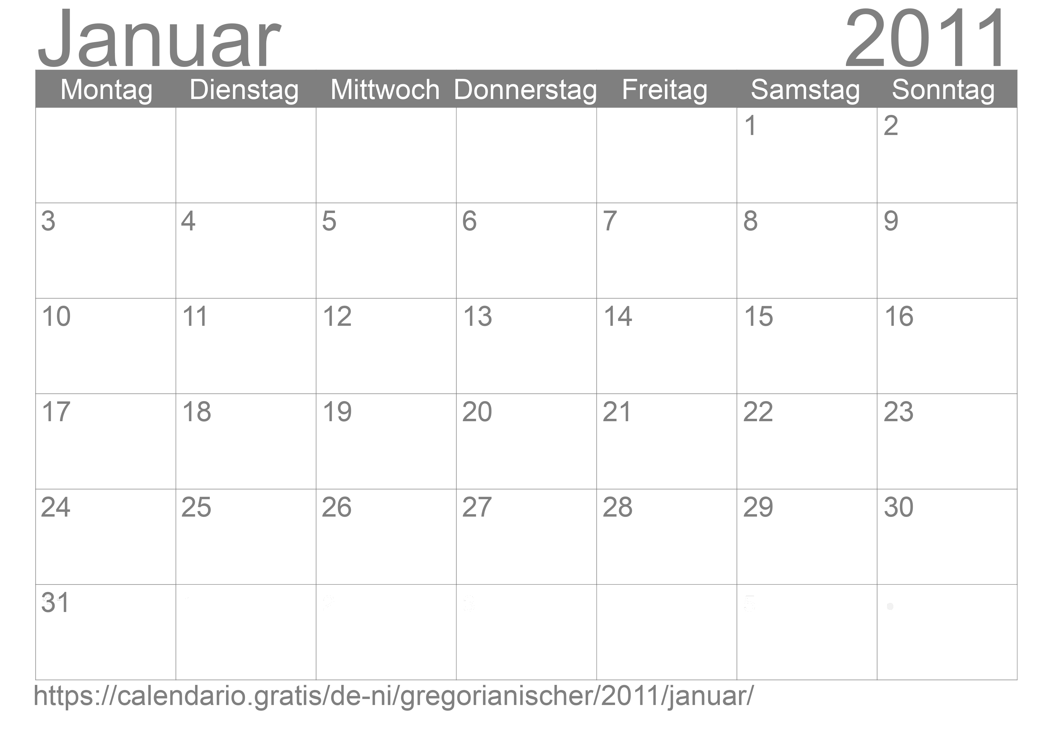Kalender Januar 2011 zum Ausdrucken