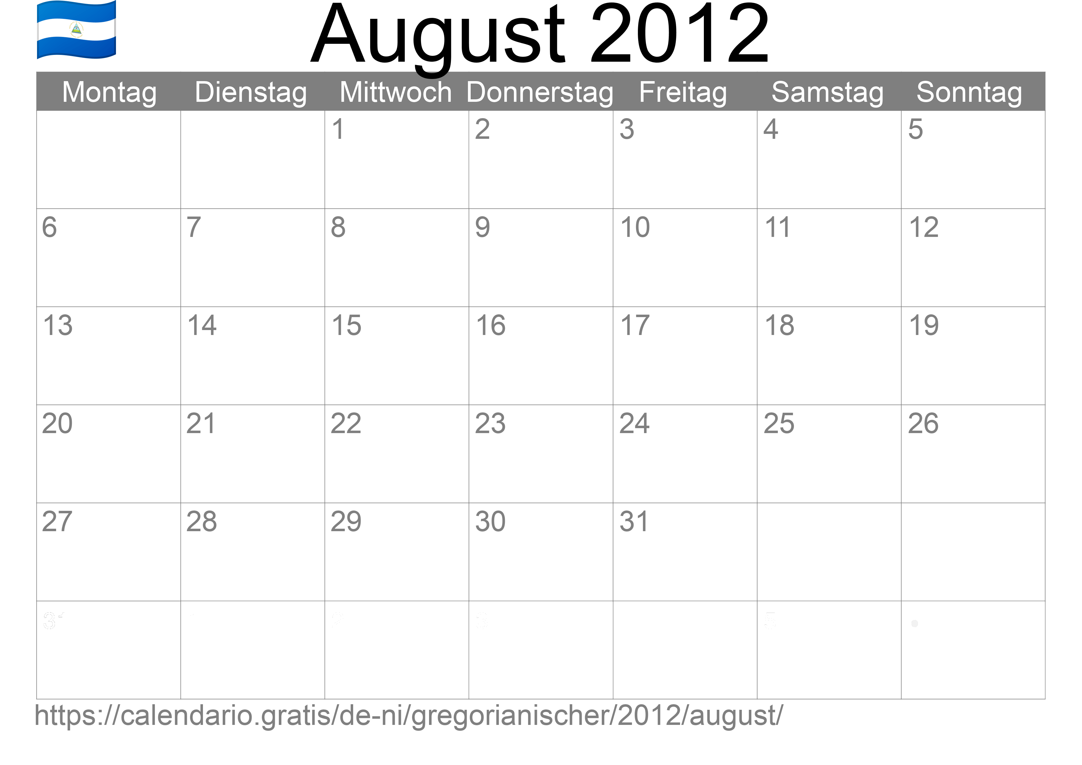 Kalender August 2012 zum Ausdrucken