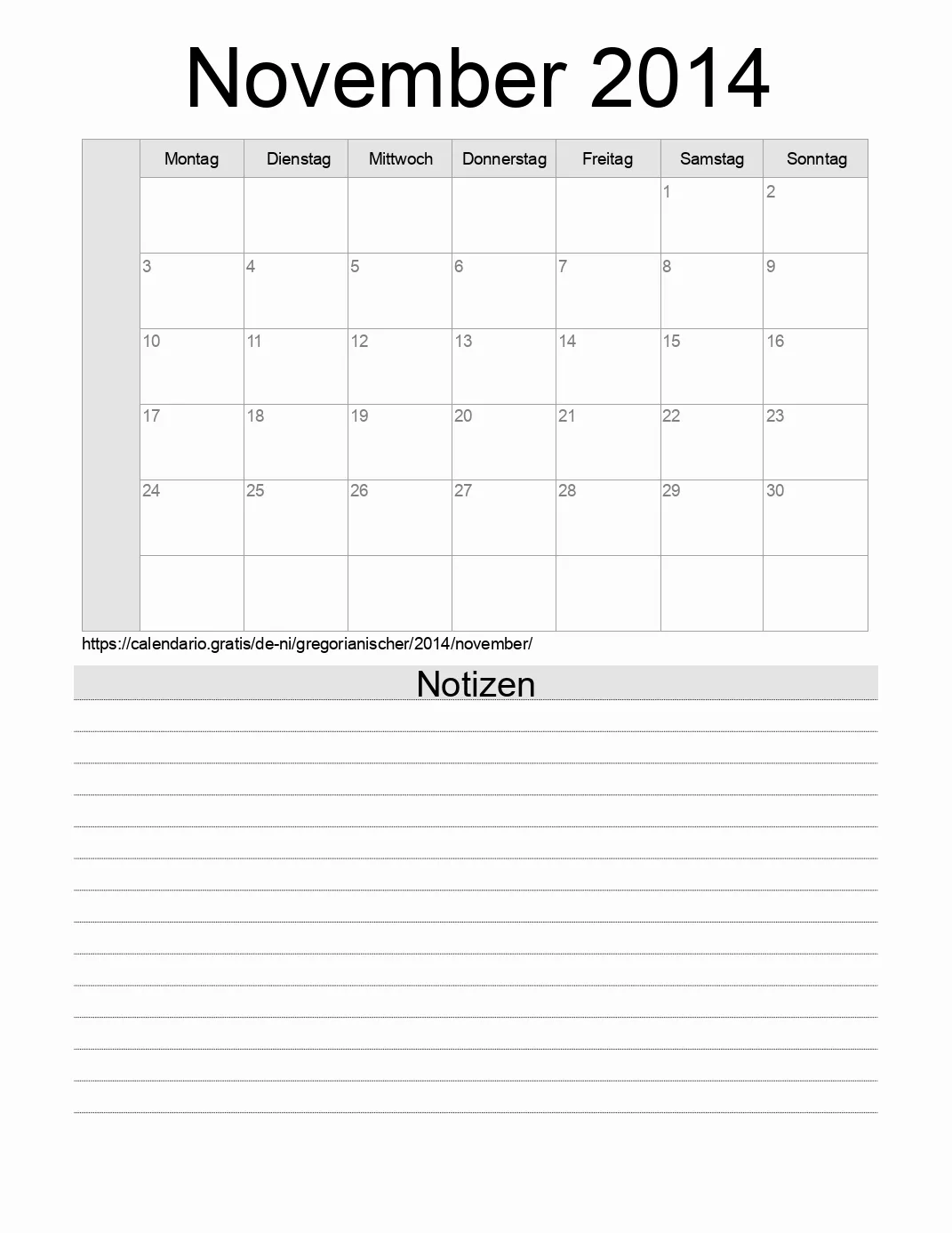 Kalender für November 2014 zum Drucken mit Notizen. (Nicaragua) Kalender für November 2014 zum Drucken mit Notizen. (Nicaragua)