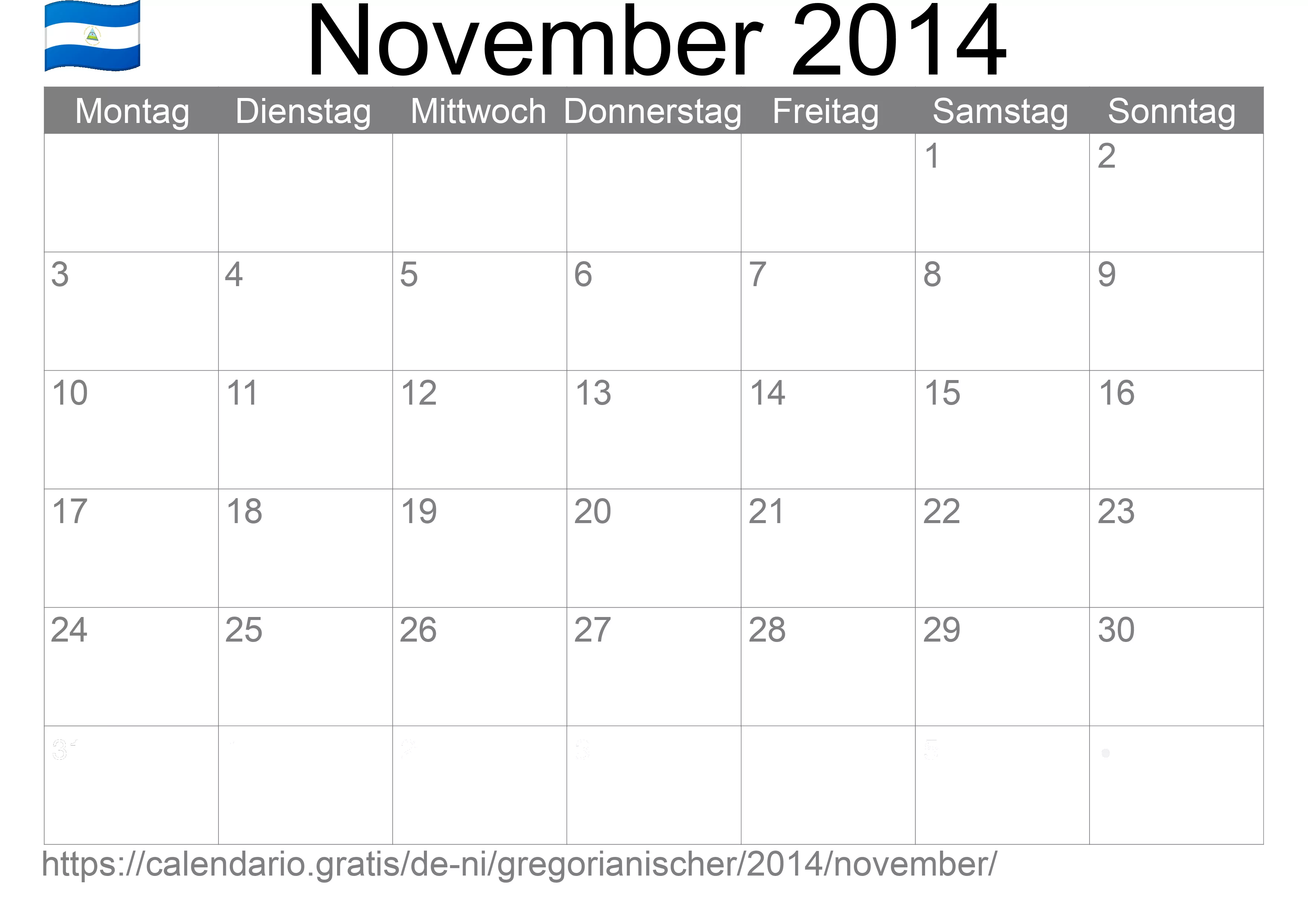 Kalender November 2014 zum Ausdrucken (Nicaragua) Kalender November 2014 zum Ausdrucken (Nicaragua)