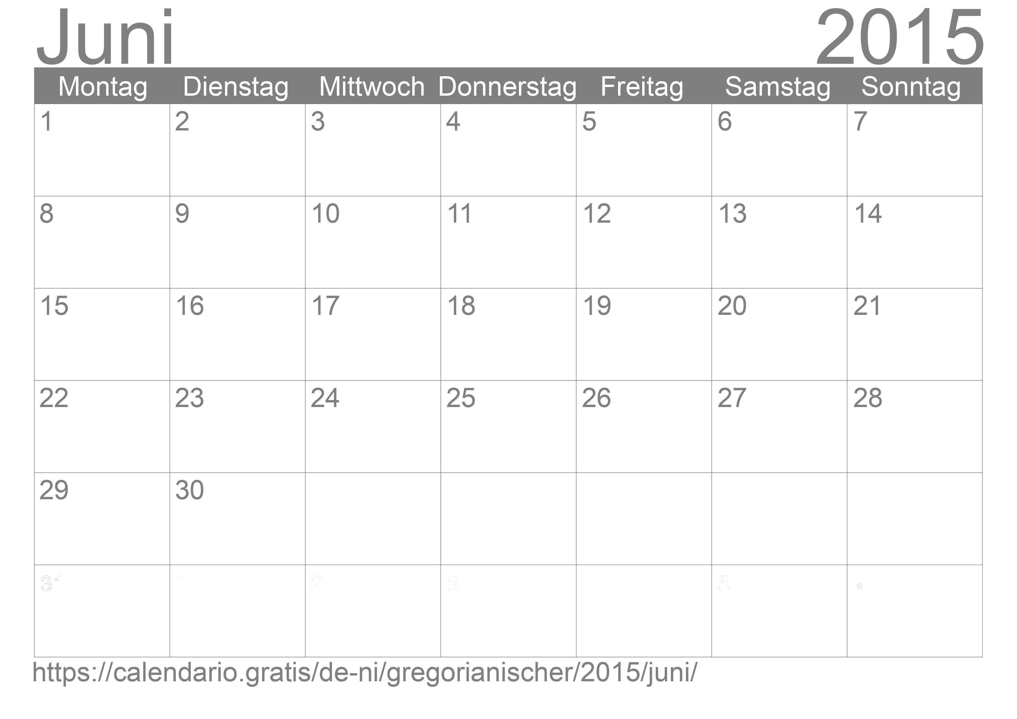 Kalender Juni 2015 zum Ausdrucken