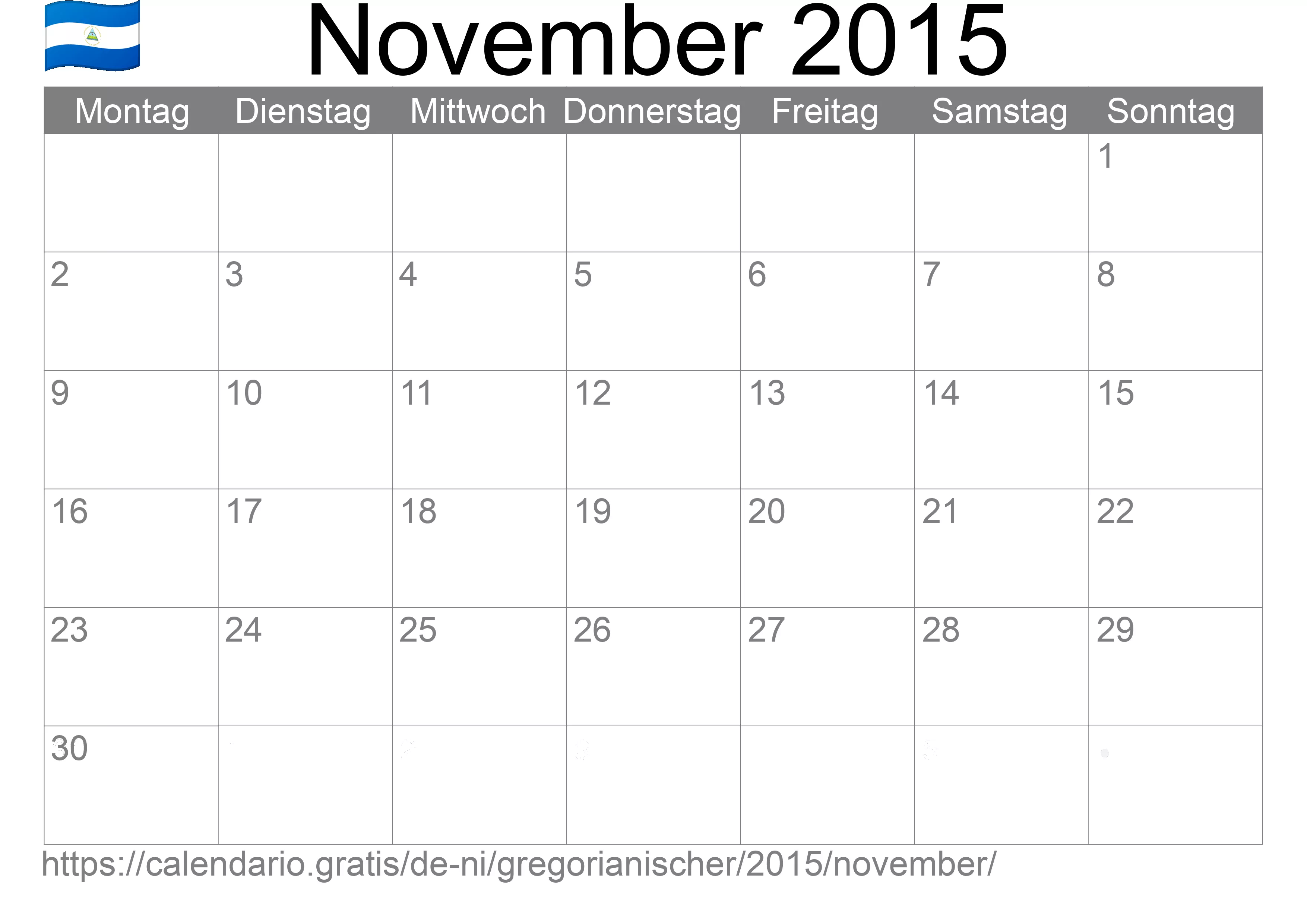 Kalender November 2015 zum Ausdrucken (Nicaragua) Kalender November 2015 zum Ausdrucken (Nicaragua)