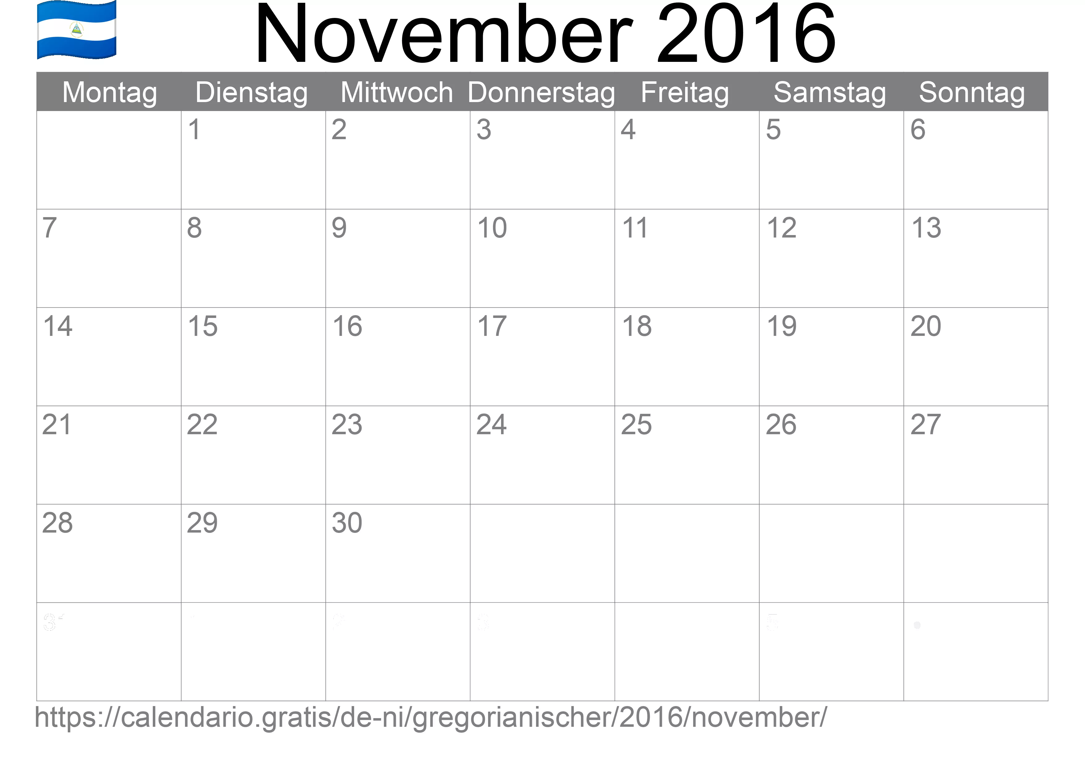Kalender November 2016 zum Ausdrucken (Nicaragua) Kalender November 2016 zum Ausdrucken (Nicaragua)
