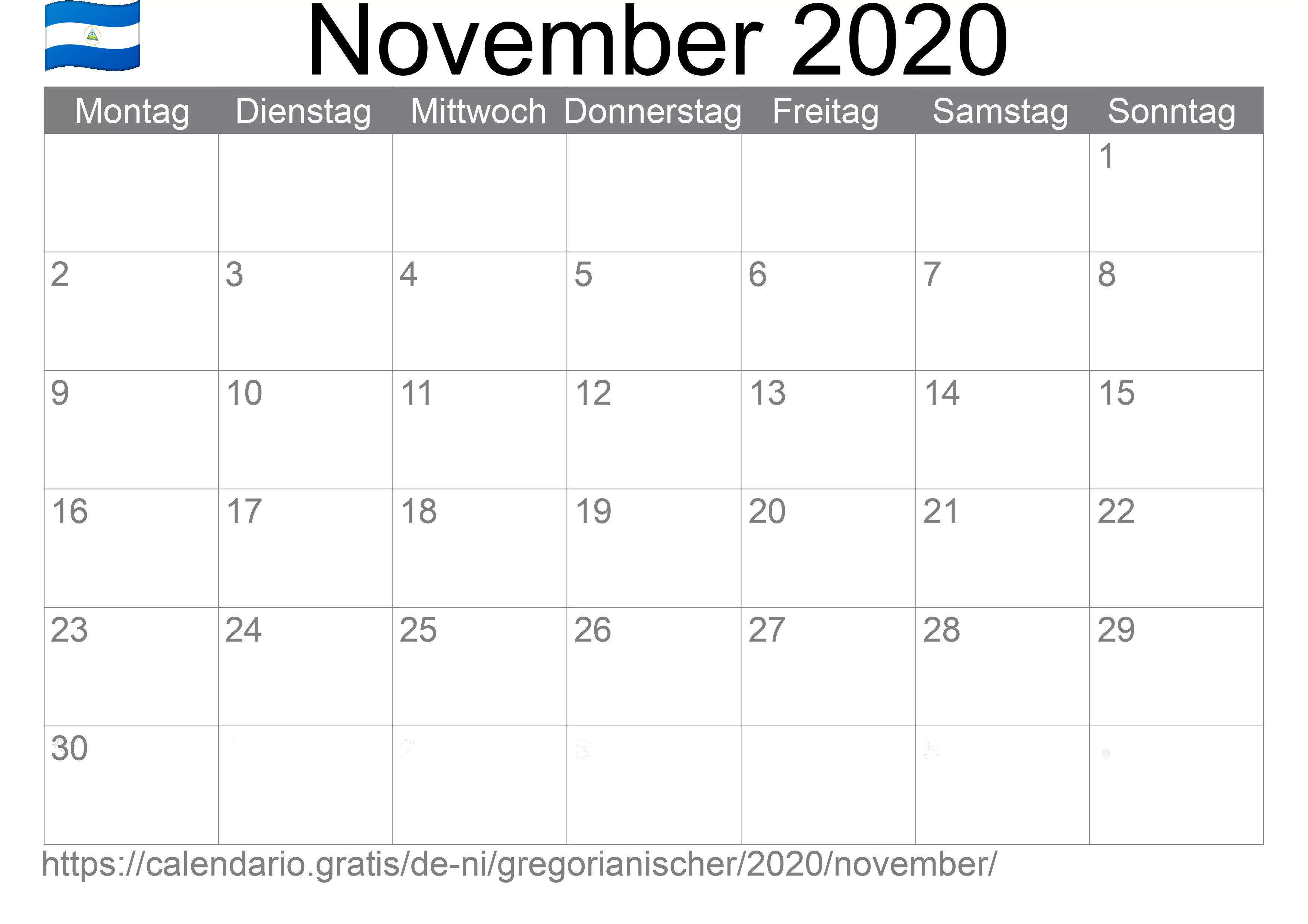 Kalender November 2020 zum Ausdrucken (Nicaragua) Kalender November 2020 zum Ausdrucken (Nicaragua)