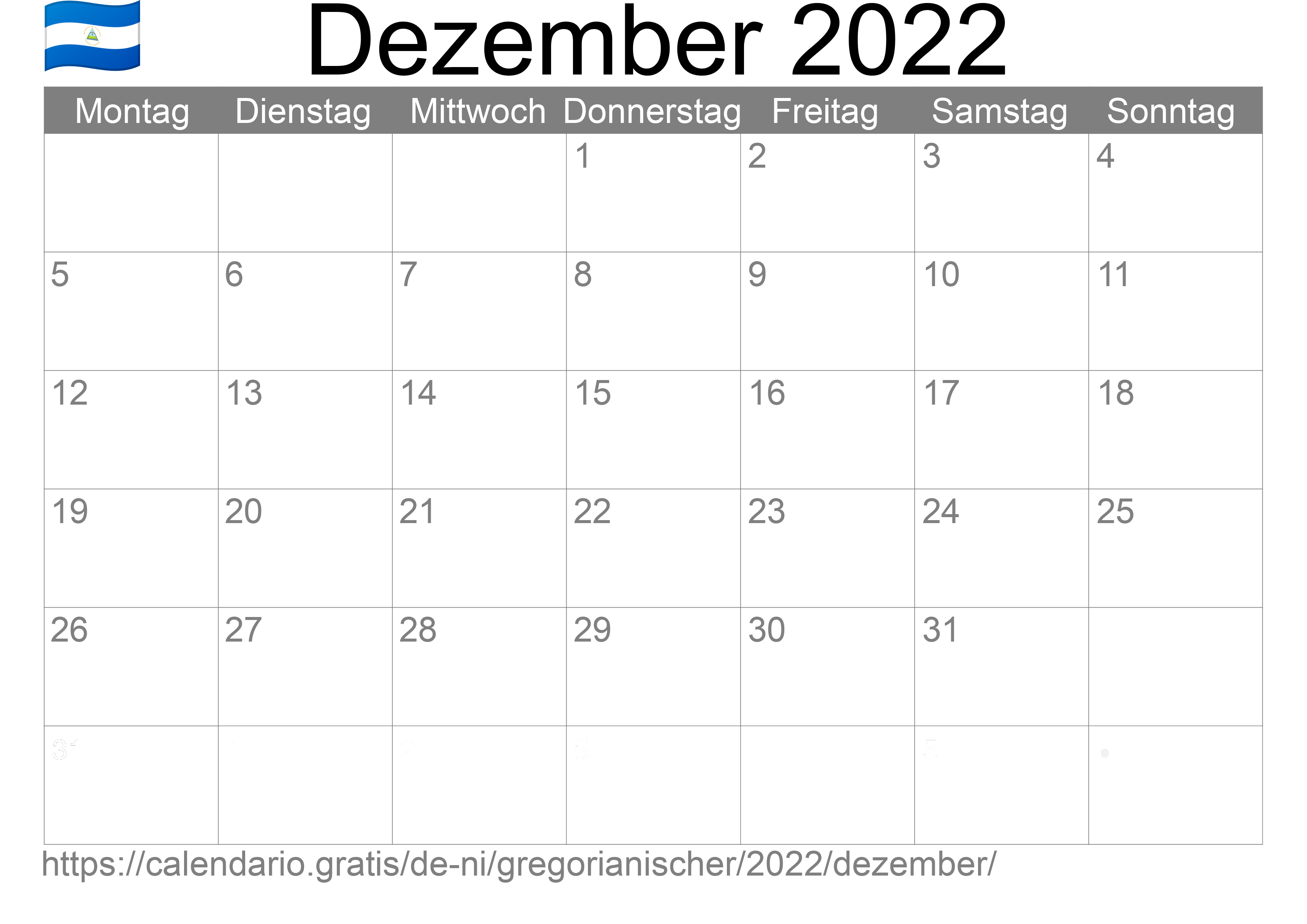 Kalender Dezember 2022 zum Ausdrucken