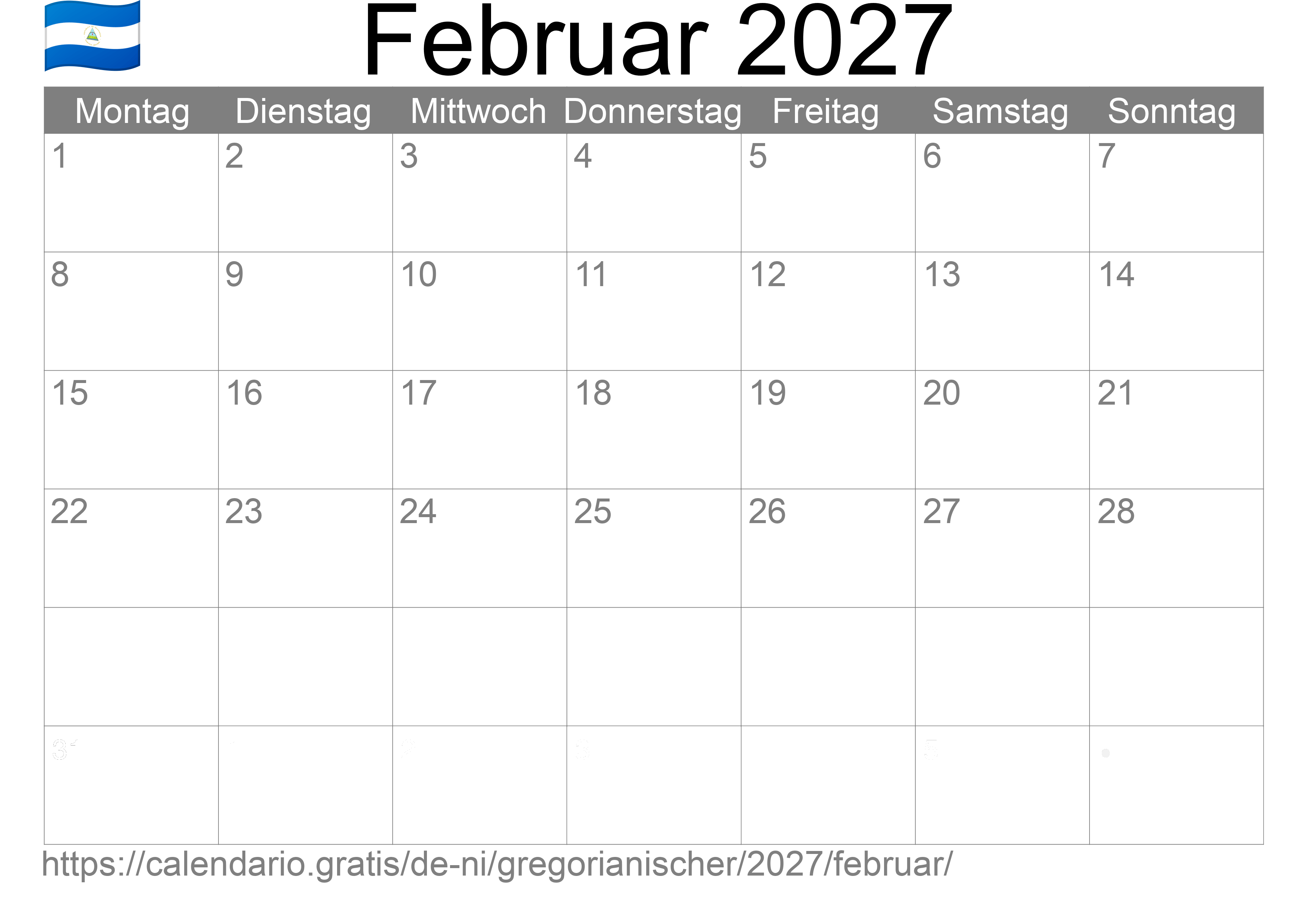 Kalender Februar 2027 zum Ausdrucken