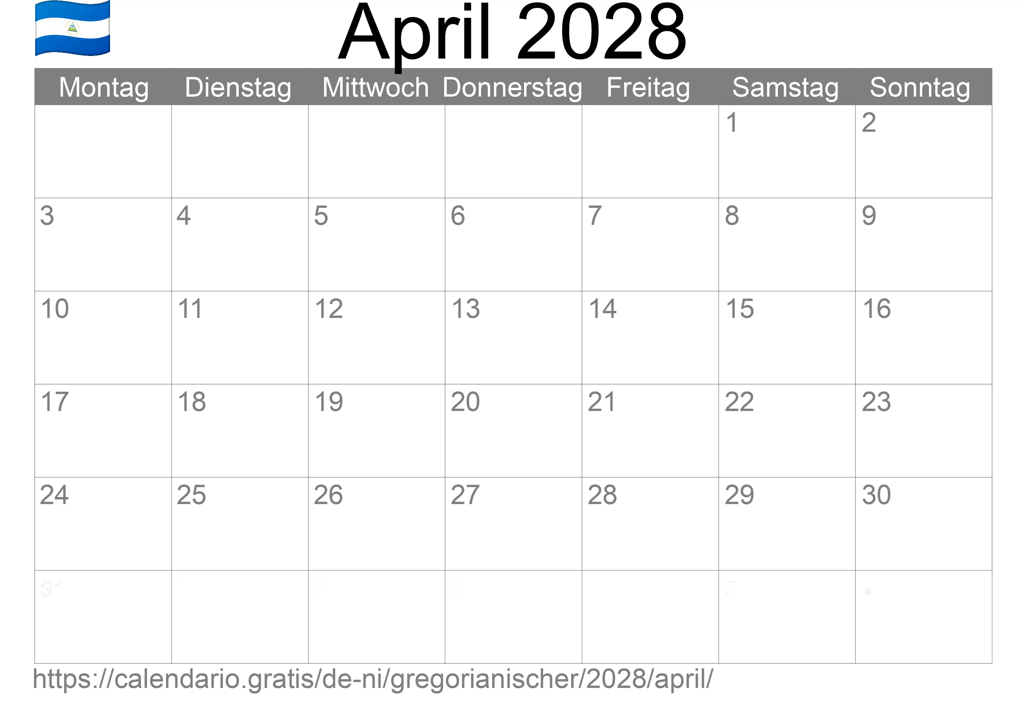 Kalender April 2028 zum Ausdrucken (Nicaragua)