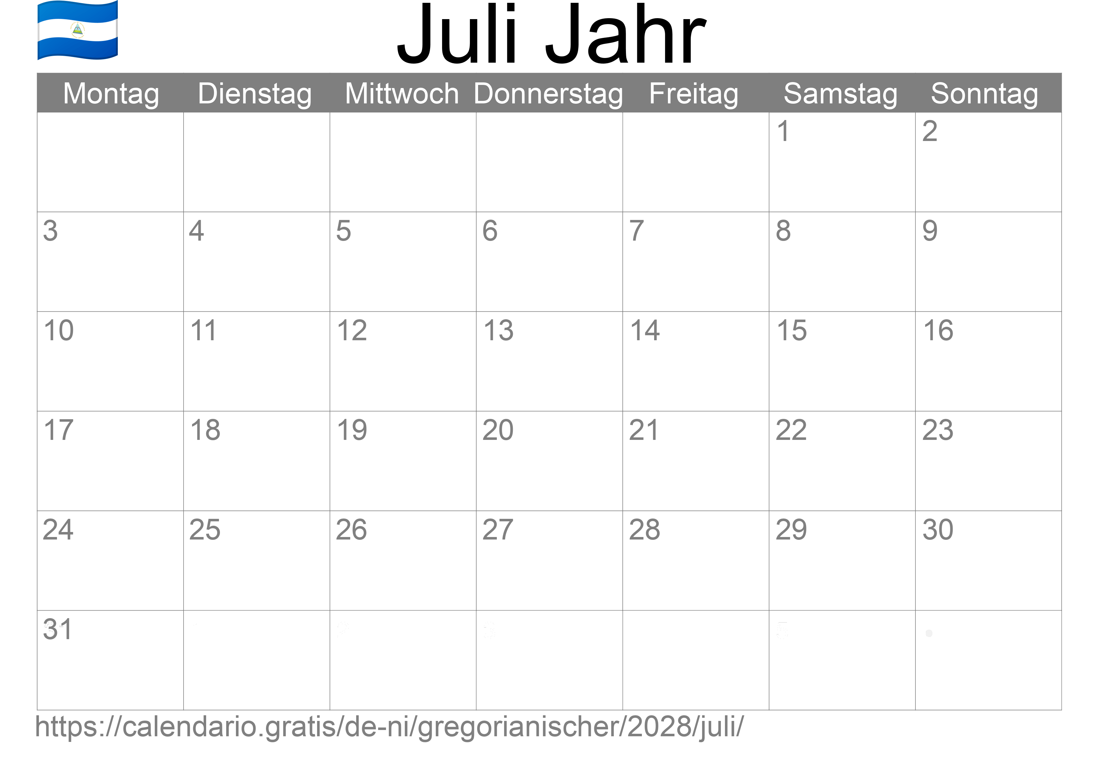 Kalender Juli 2028 zum Ausdrucken