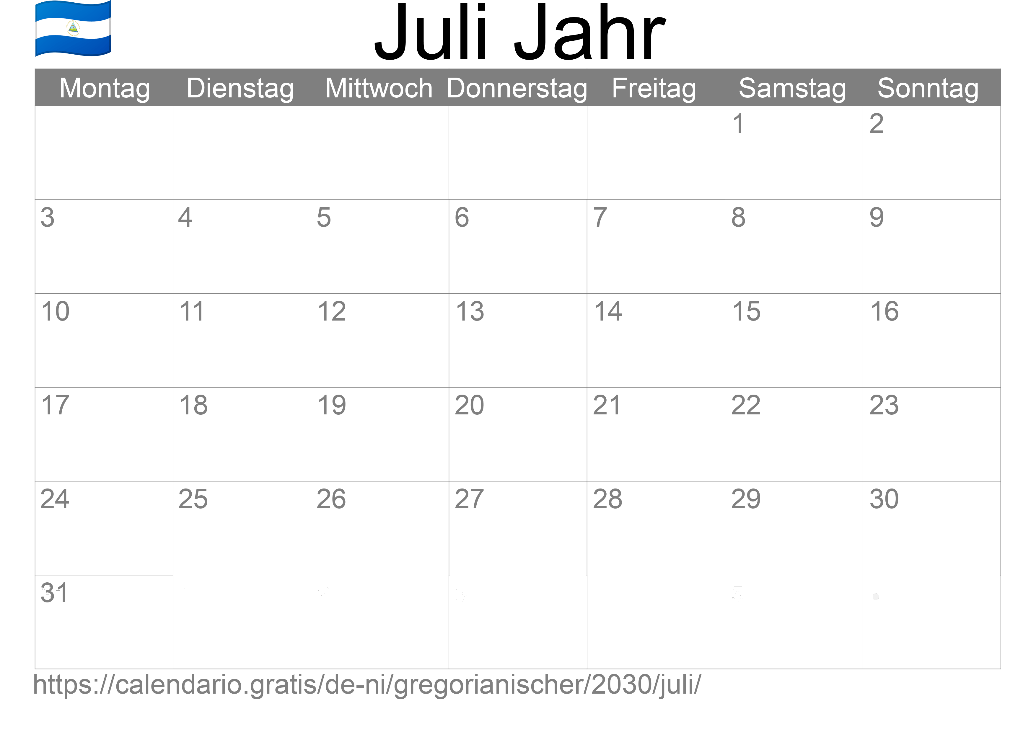 Kalender Juli 2030 zum Ausdrucken