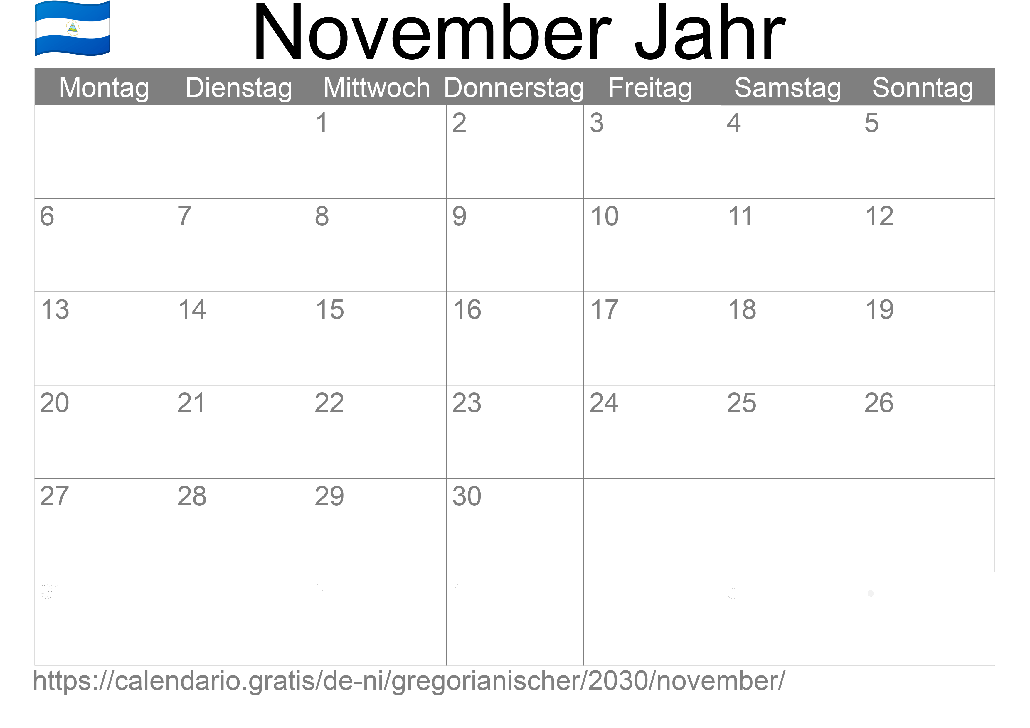 Kalender November 2030 zum Ausdrucken