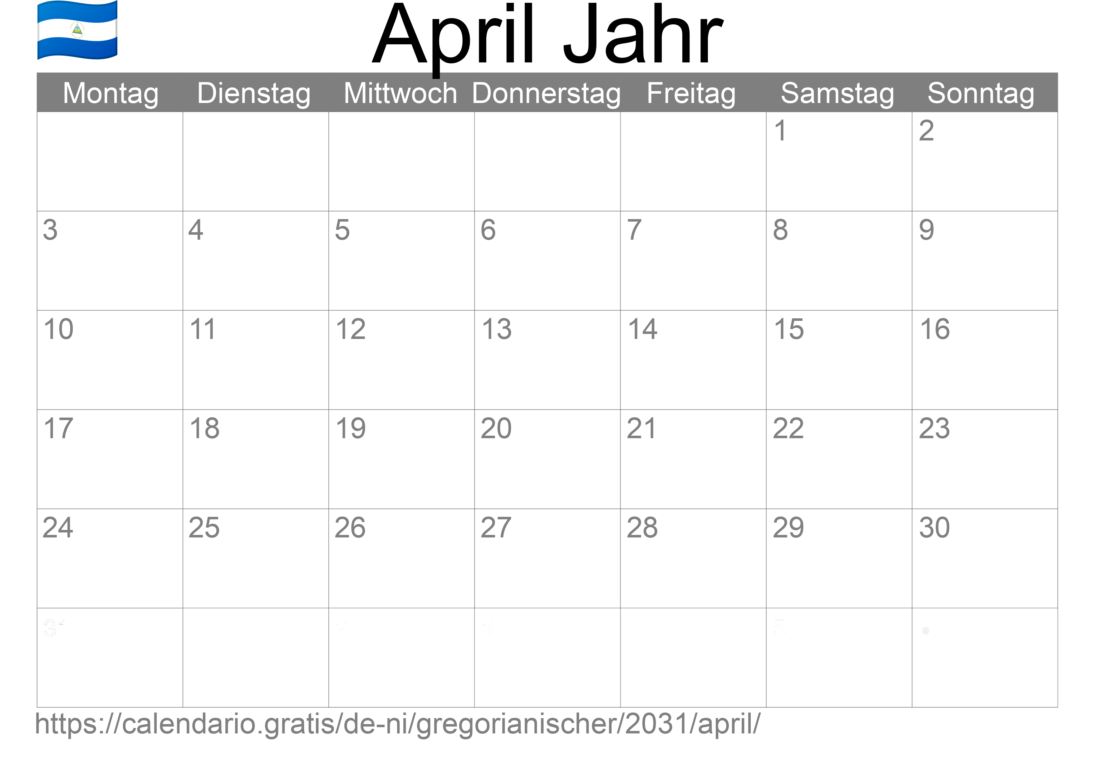 Kalender April 2031 zum Ausdrucken