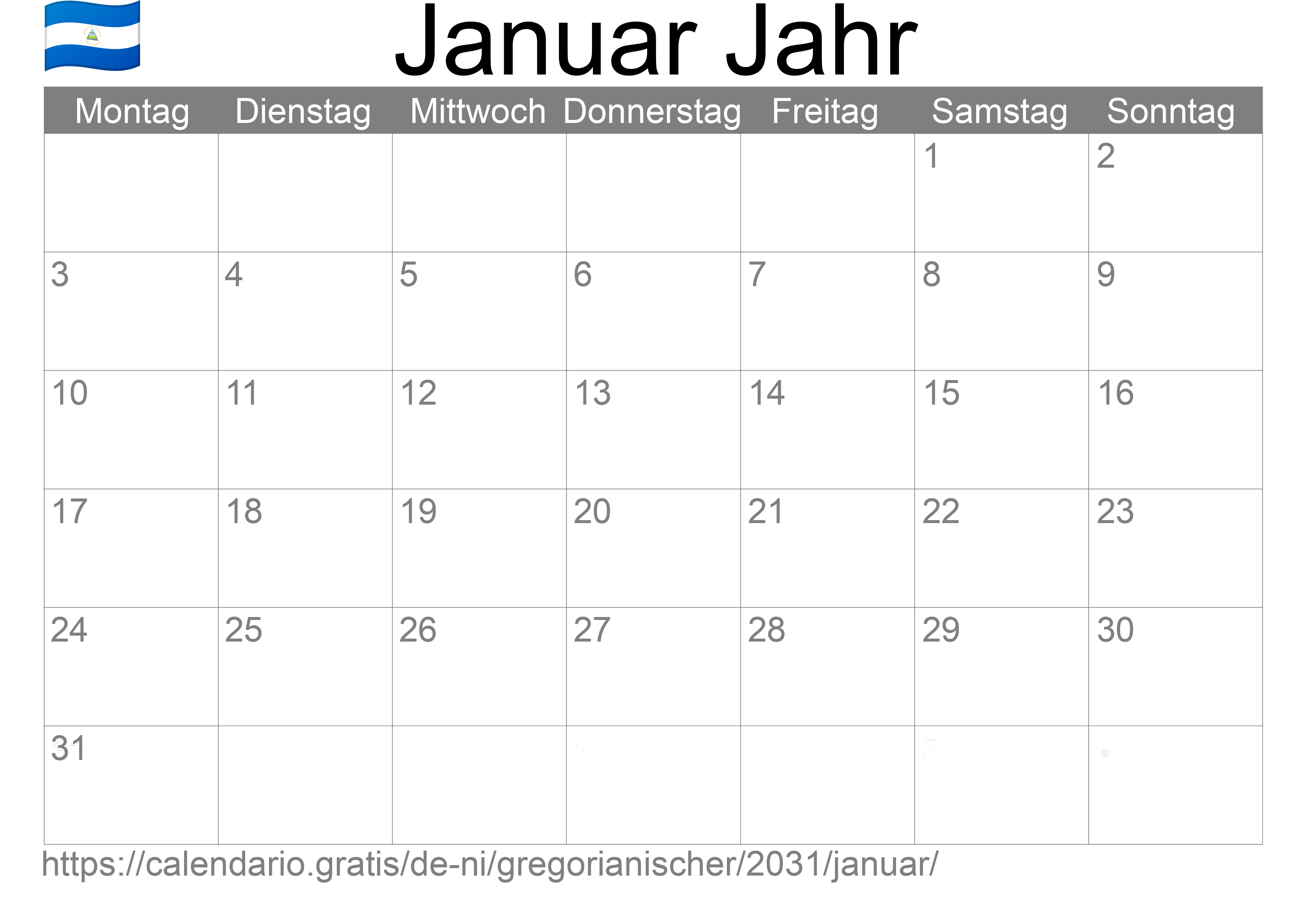 Kalender Januar 2031 zum Ausdrucken