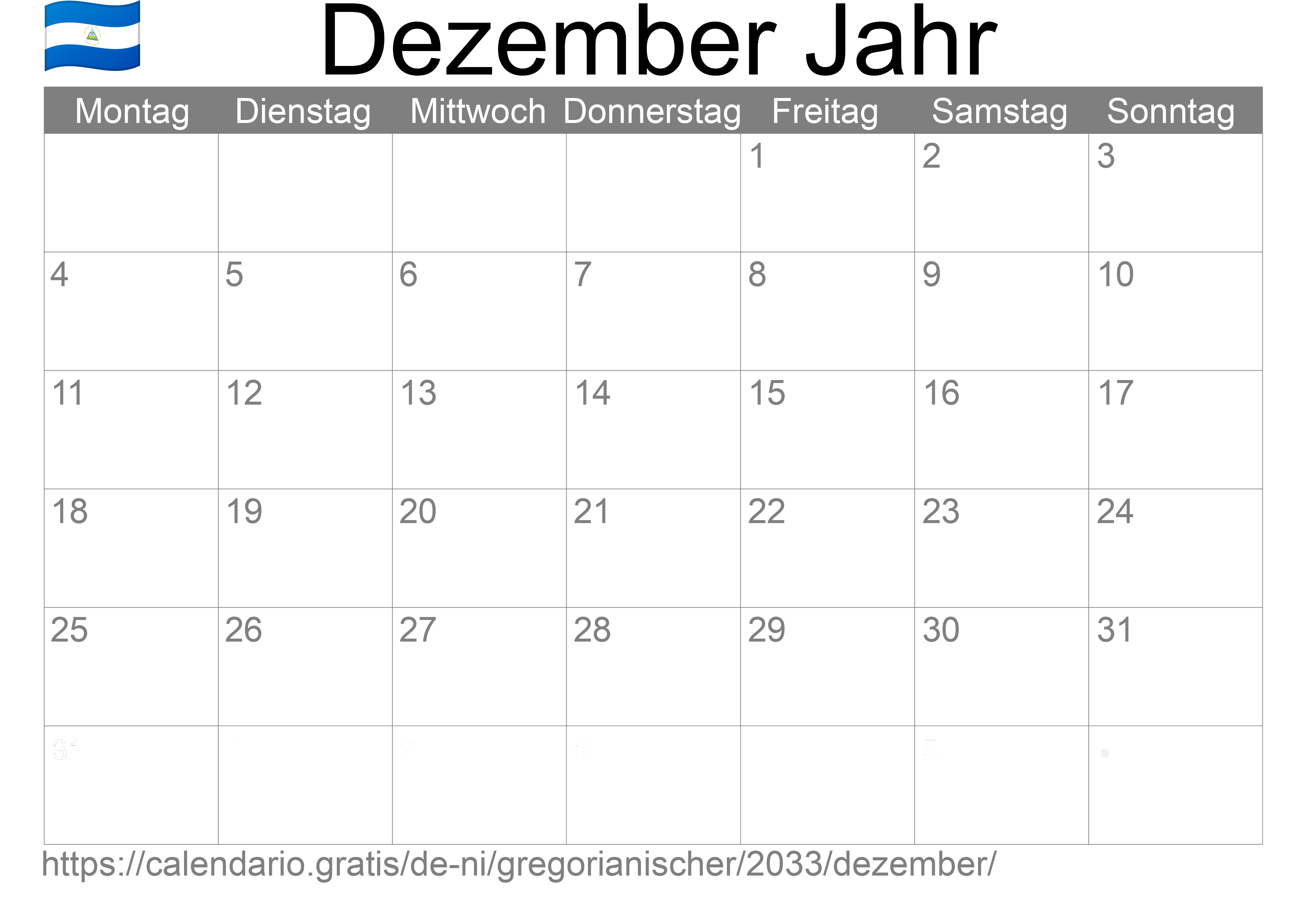 Kalender Dezember 2033 zum Ausdrucken