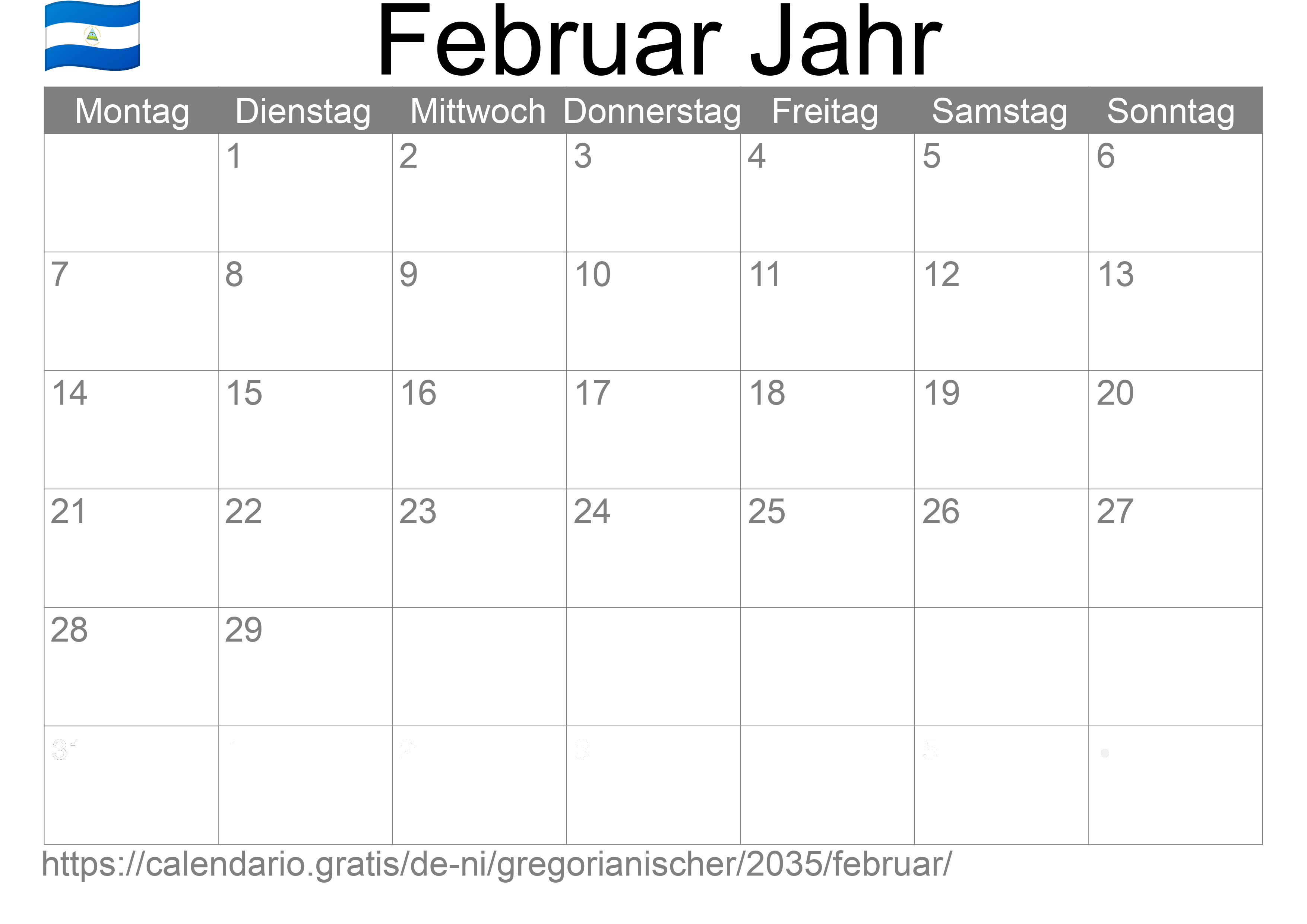 Kalender Februar 2035 zum Ausdrucken