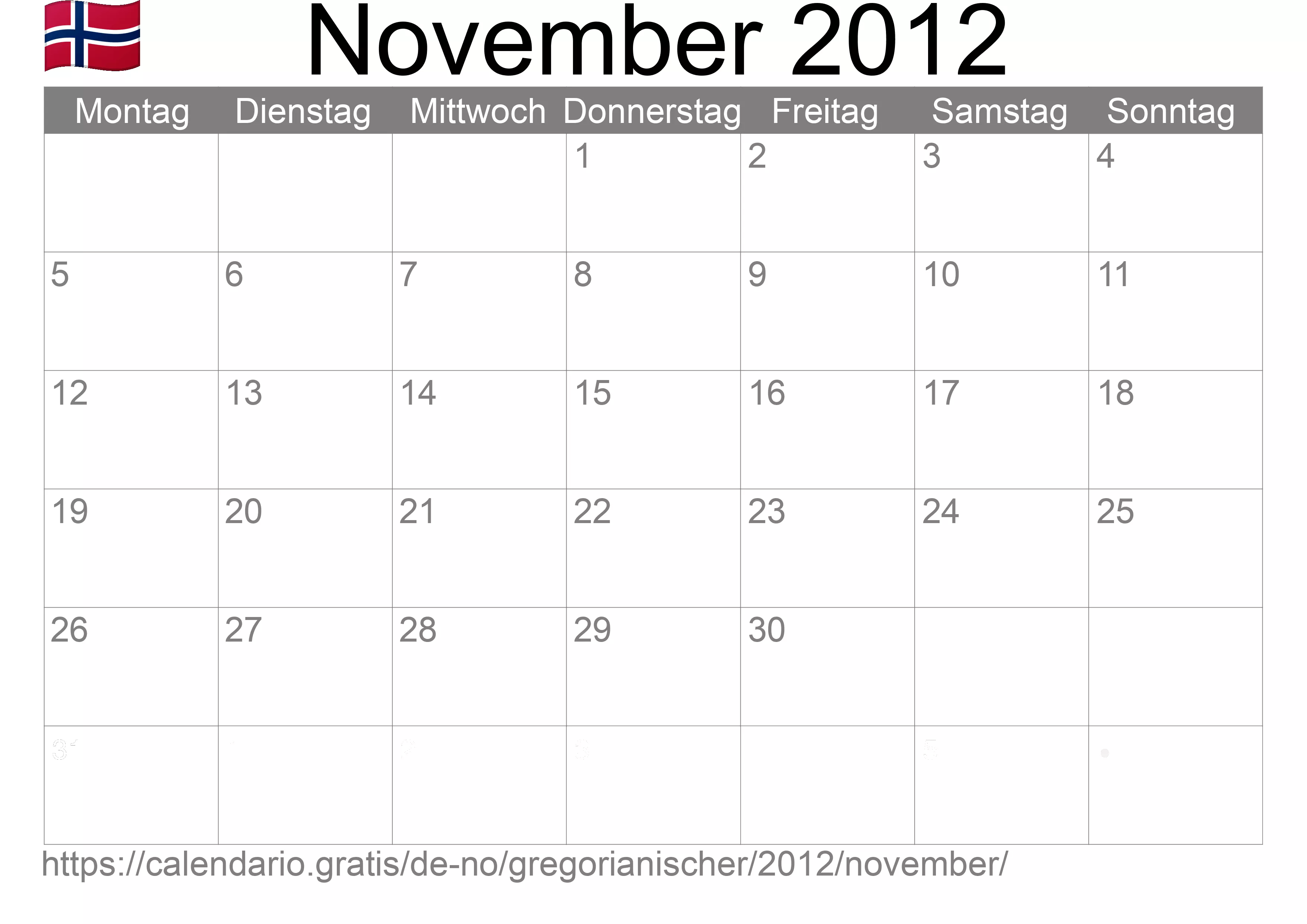 Kalender November 2012 zum Ausdrucken (Norwegen)