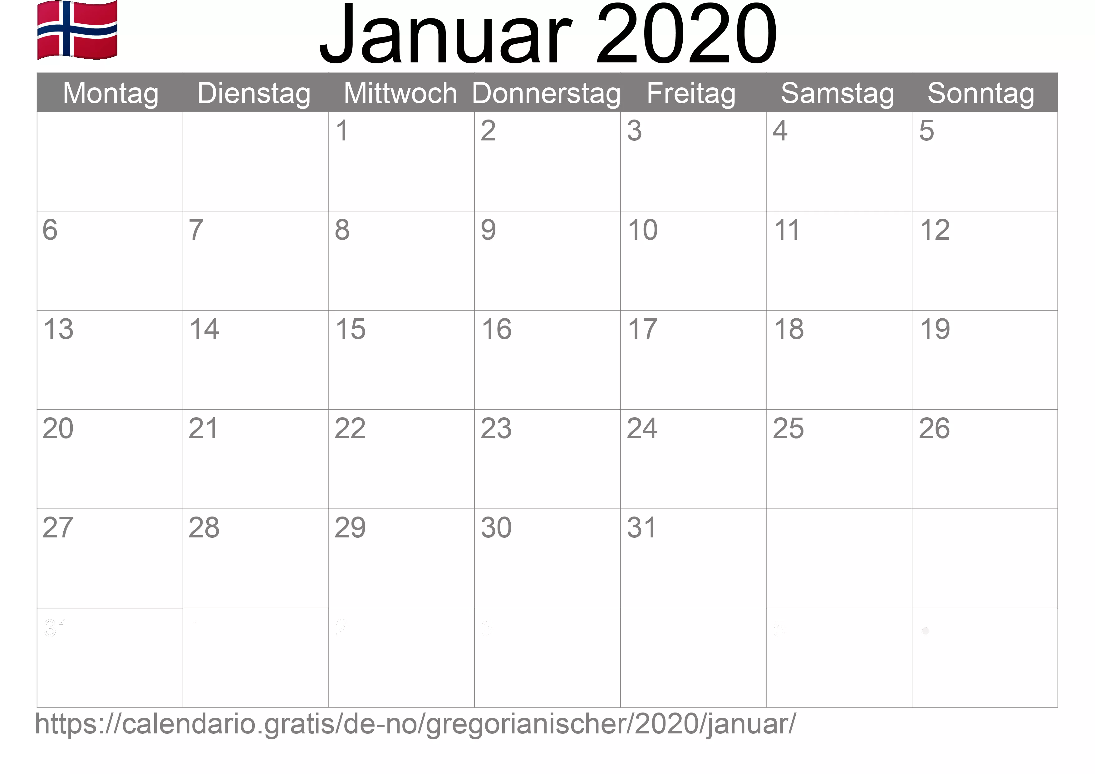 Kalender Januar 2020 zum Ausdrucken (Norwegen) Kalender Januar 2020 zum Ausdrucken (Norwegen)