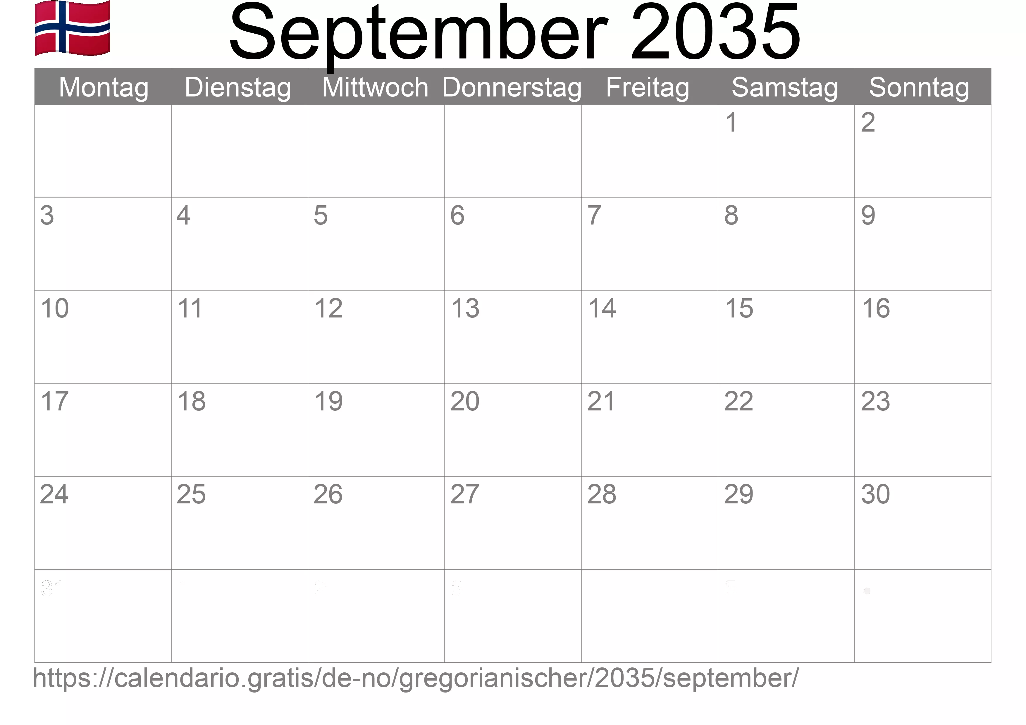 Kalender September 2035 zum Ausdrucken (Norwegen) Kalender September 2035 zum Ausdrucken (Norwegen)
