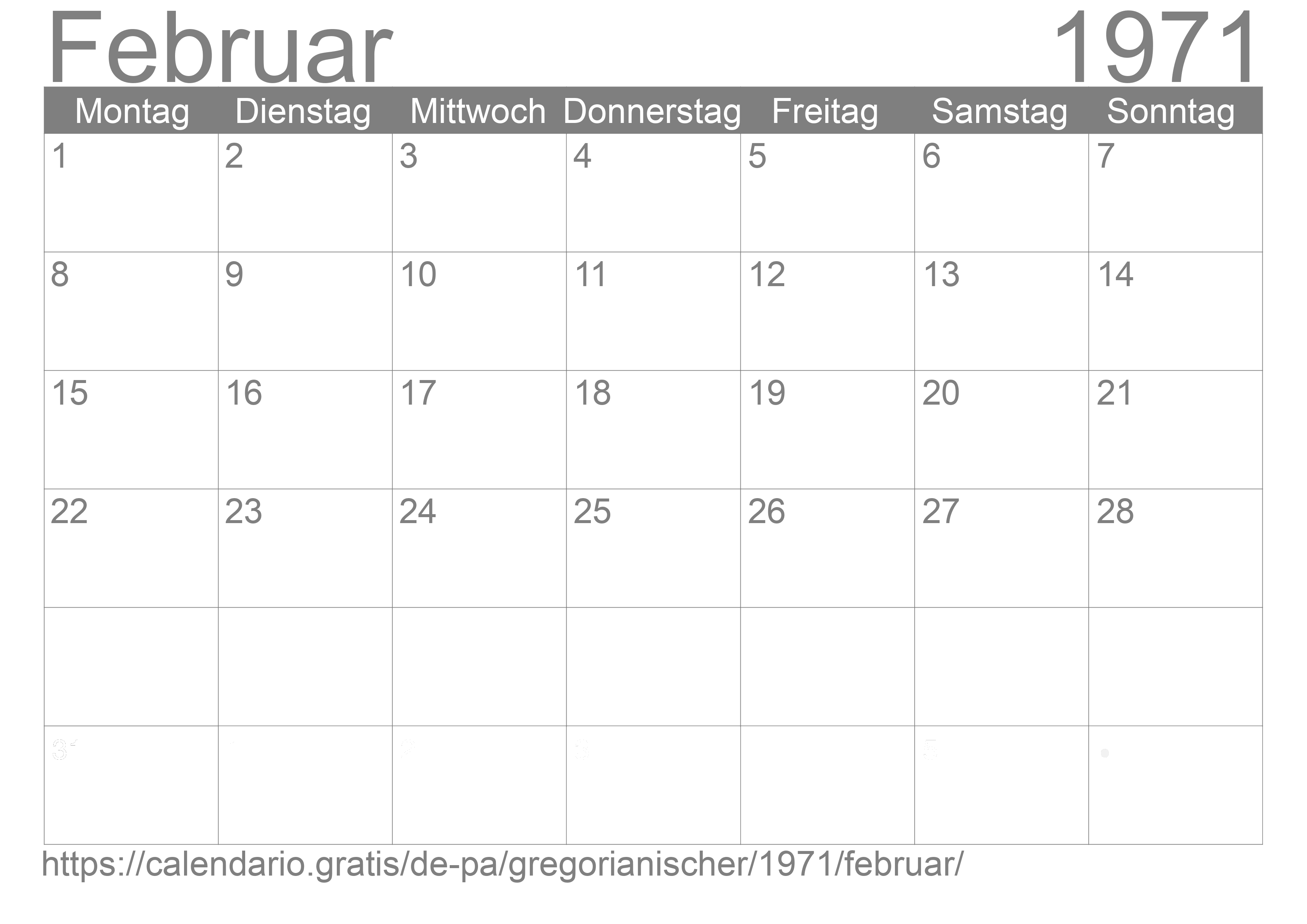 Kalender Februar 1971 zum Ausdrucken