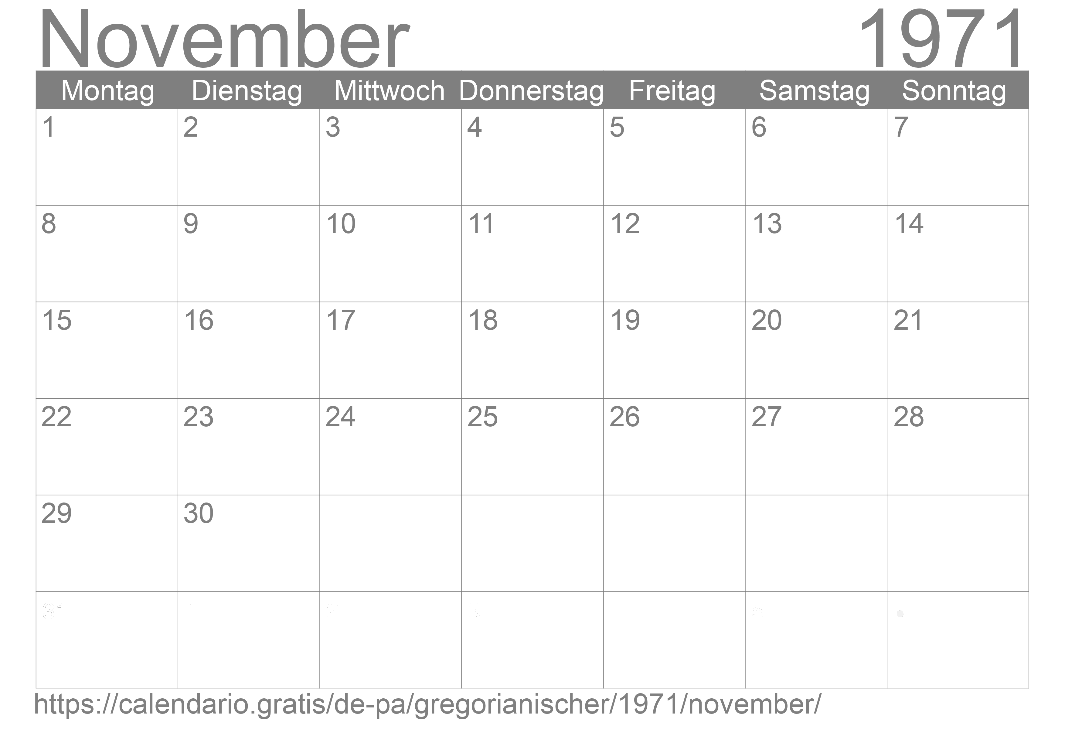 Kalender November 1971 zum Ausdrucken