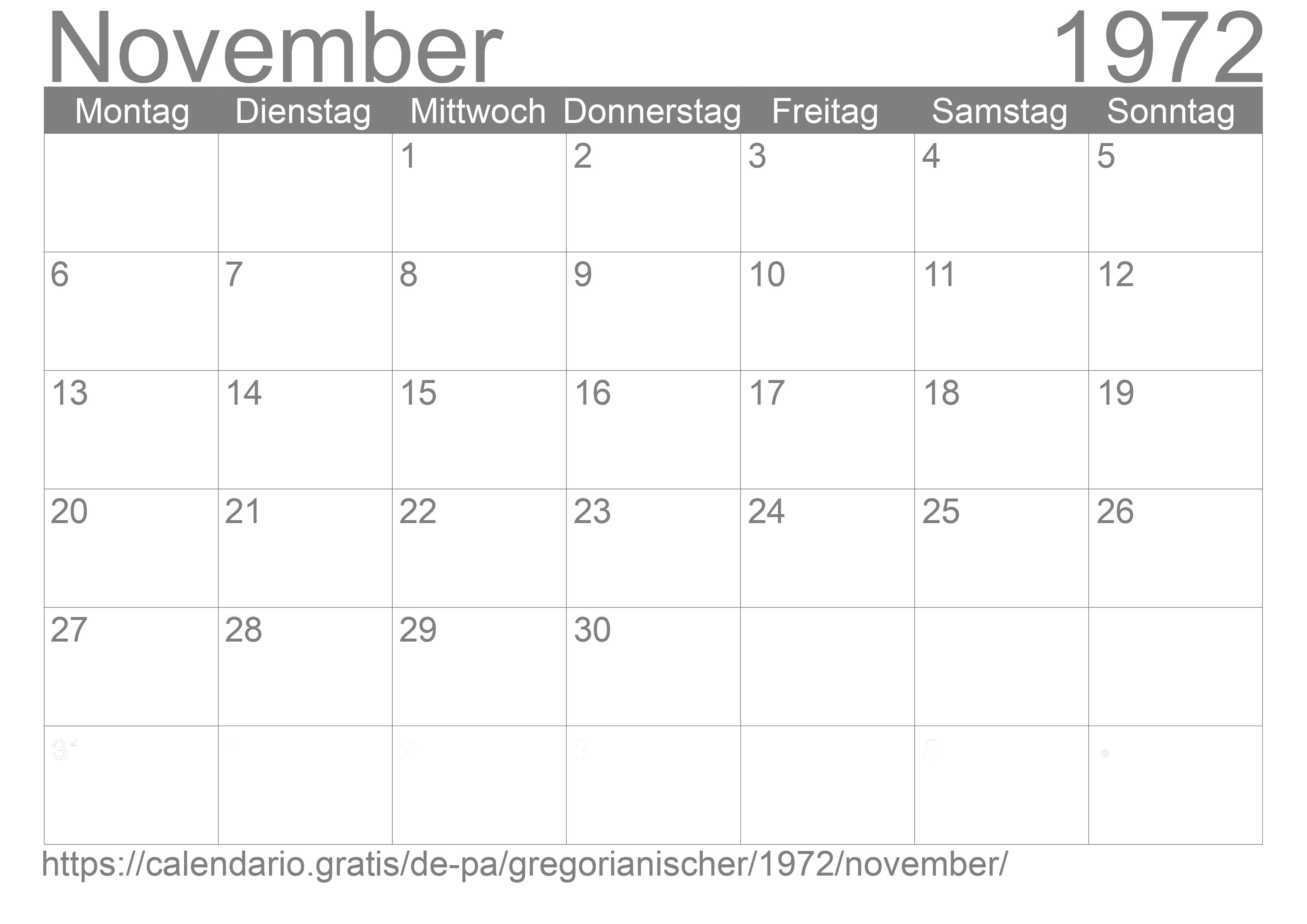 Kalender November 1972 zum Ausdrucken