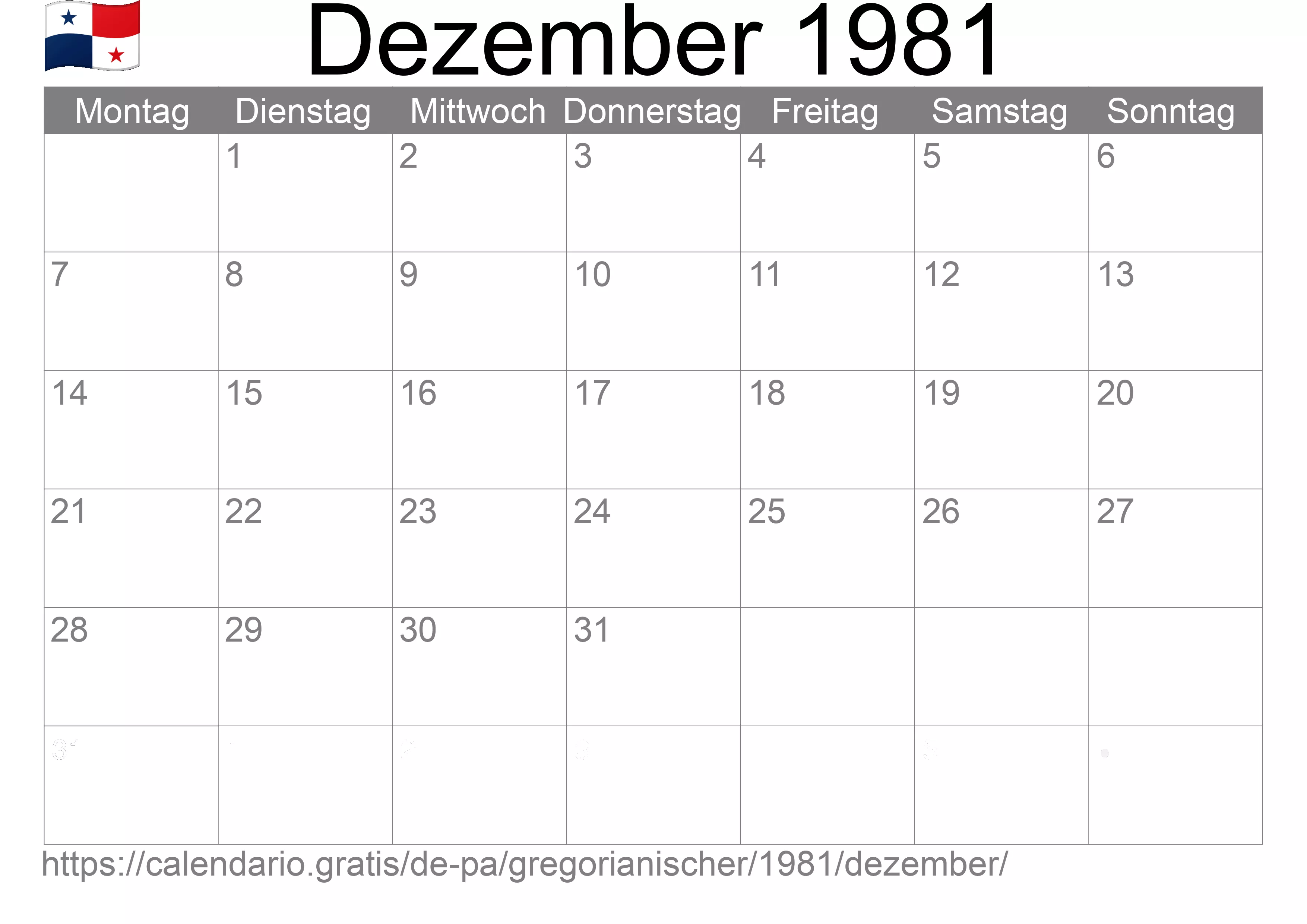 Kalender Dezember 1981 zum Ausdrucken (Panama)