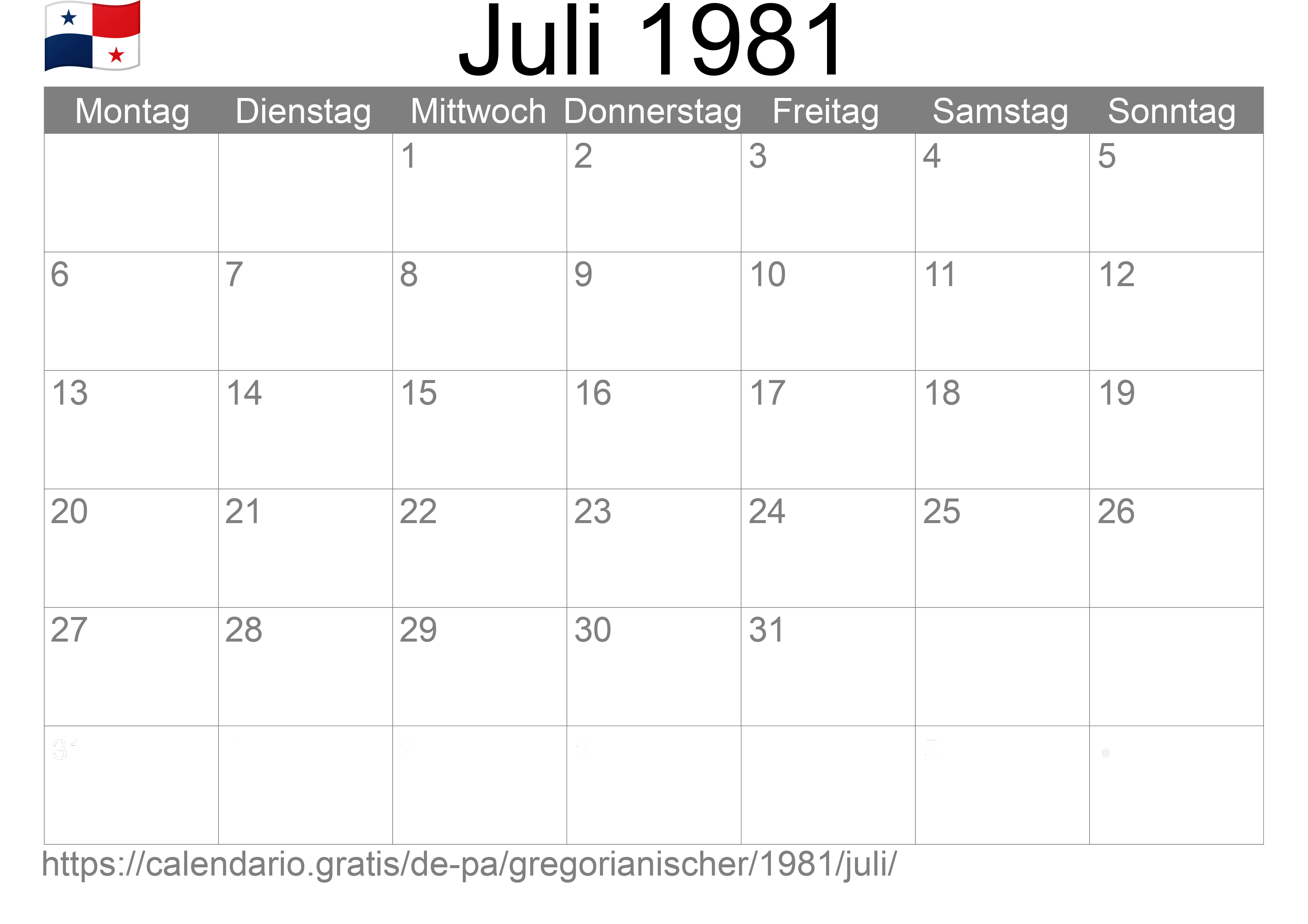 Kalender Juli 1981 zum Ausdrucken