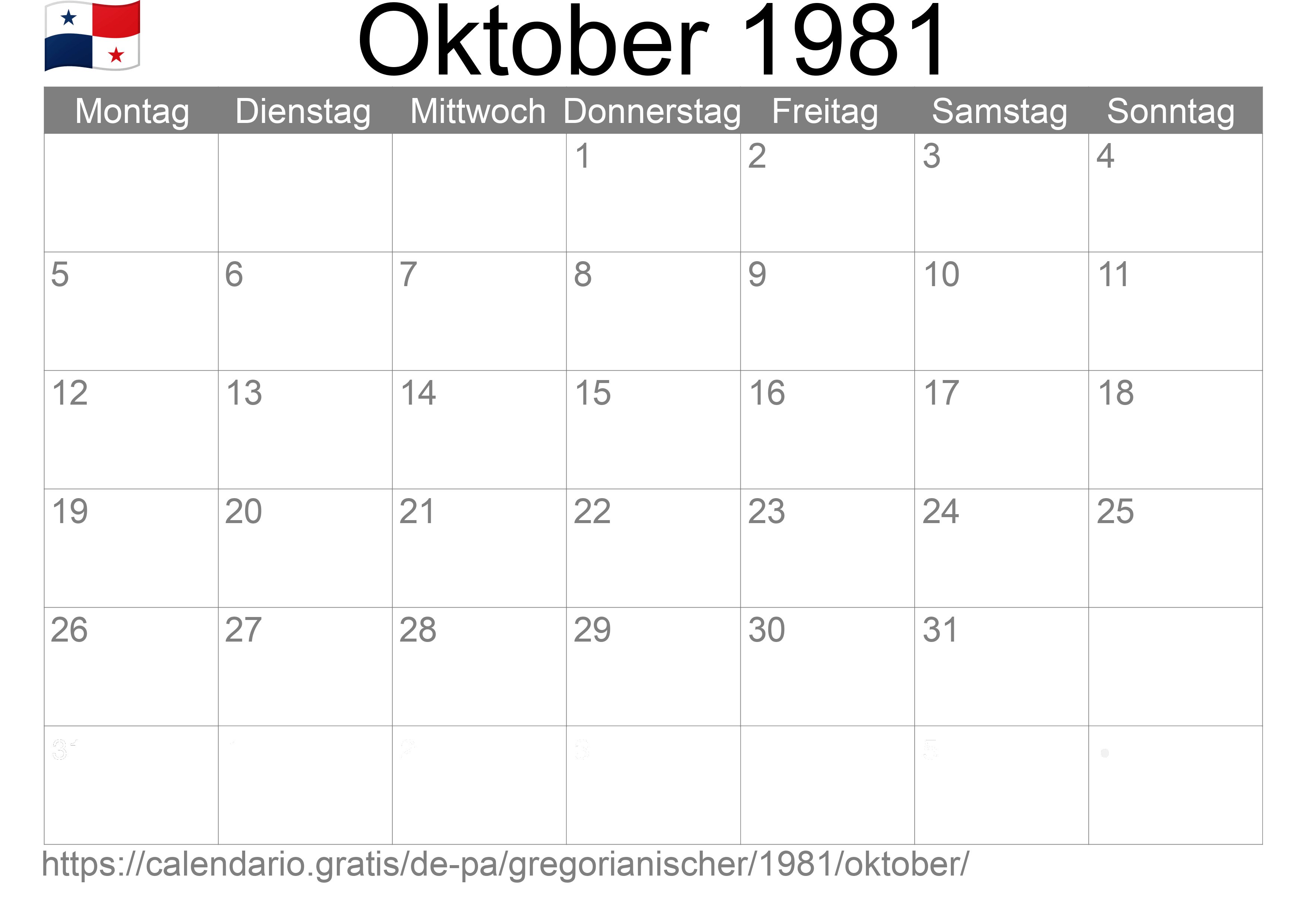 Kalender Oktober 1981 zum Ausdrucken