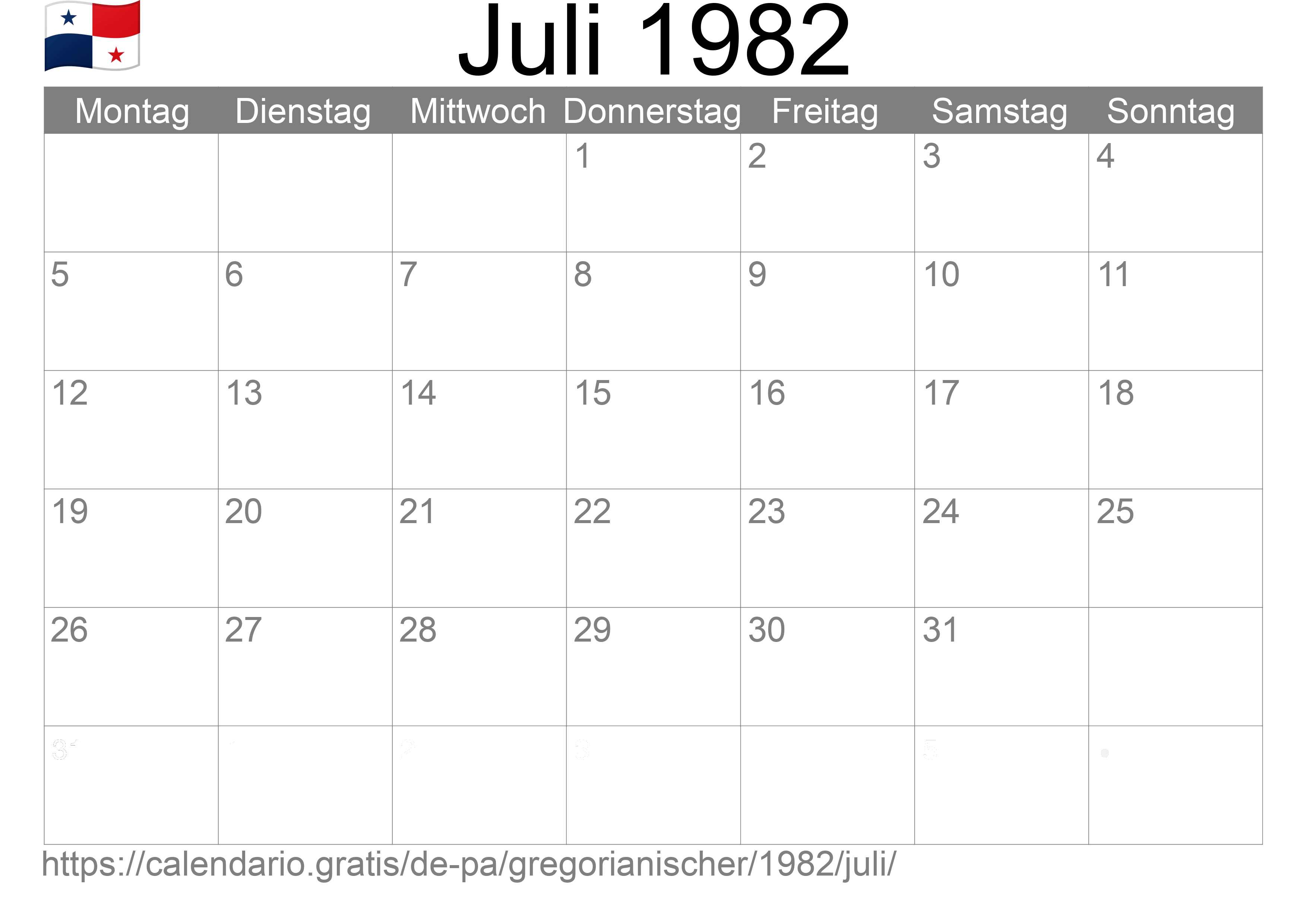 Kalender Juli 1982 zum Ausdrucken