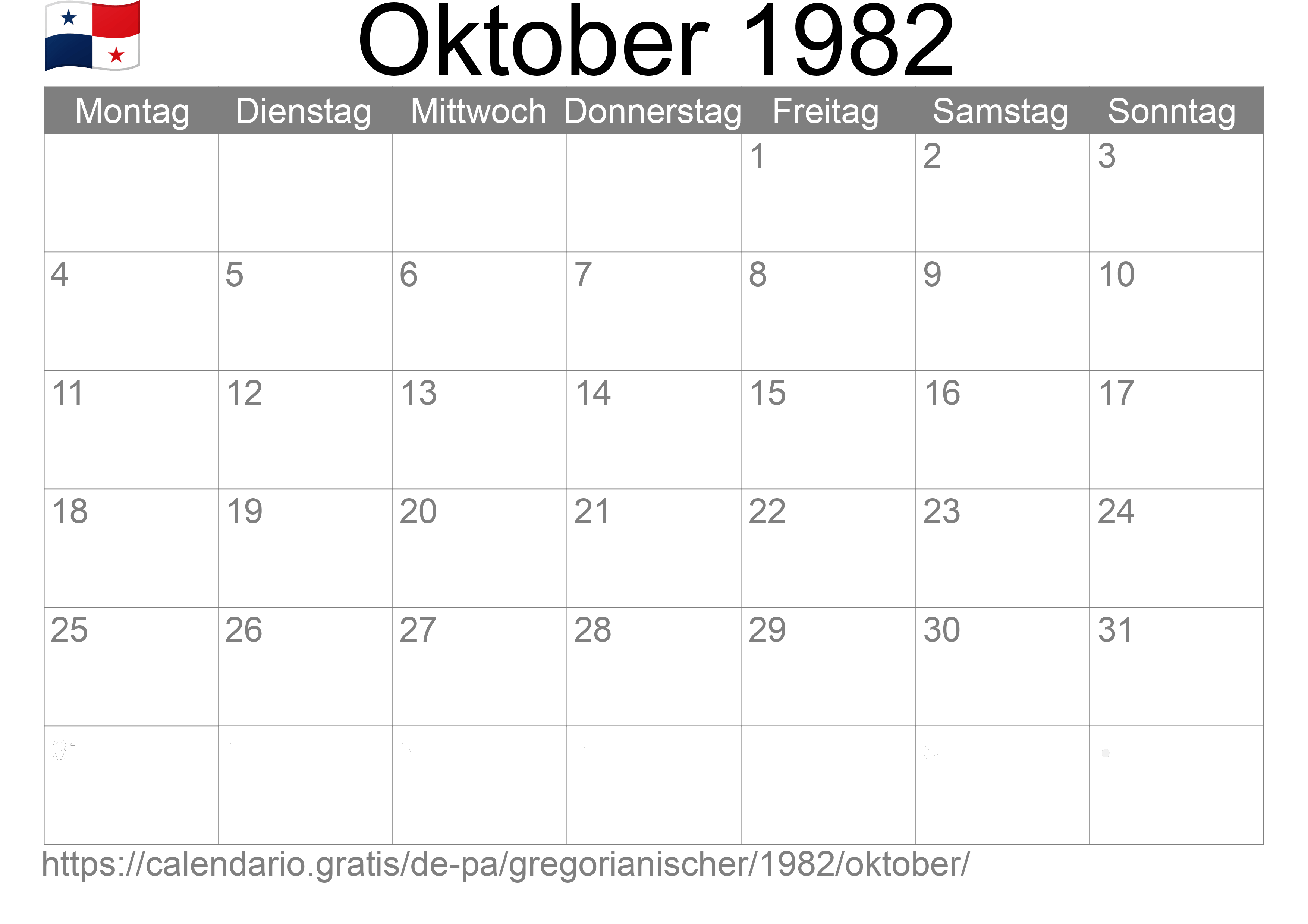 Kalender Oktober 1982 zum Ausdrucken